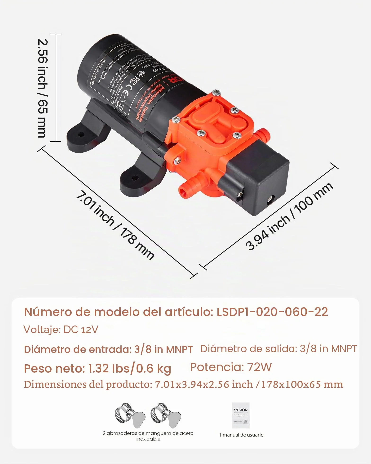 VEVOR Bomba de Diafragma 4,5 L/min Autocebante 2 Cámaras 5,5 Bar para Autocaravanas Caravanas Barcos Riego