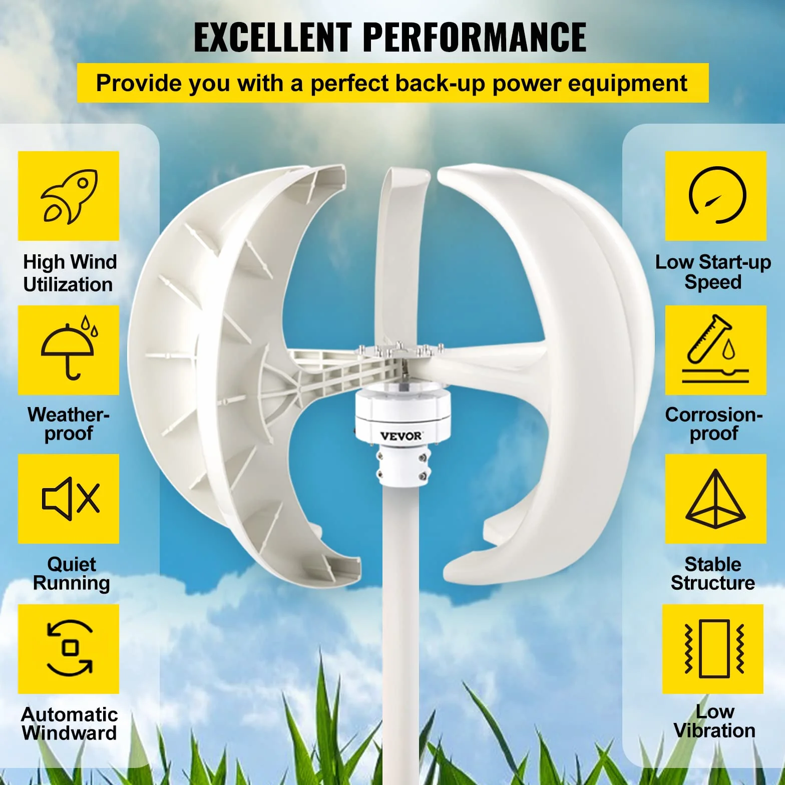 VEVOR Aerogenerador 400W 12V Generador de Turbina Eólica Linterna Blanca Generador de Viento Vertical 5 hojas Turbina de Viento 12V Aerogenerador Eolico