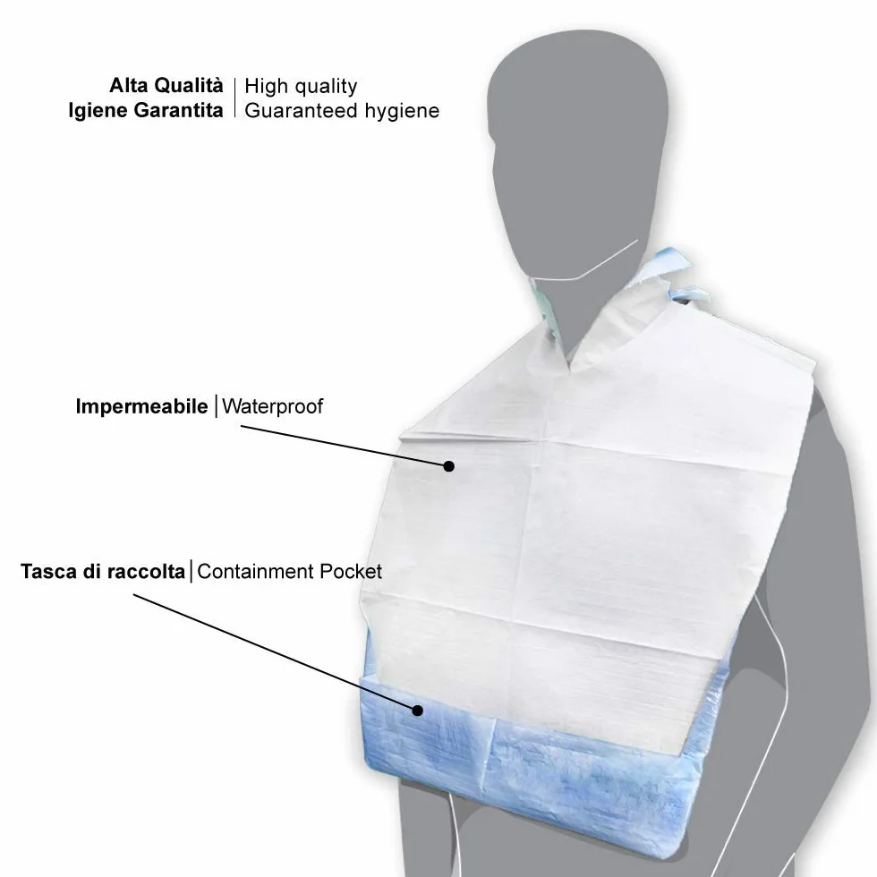 MEDICAL SUD PROFESSIONAL Baberos desechables para adultos de celulosa y polietileno con bolsa de recogida absorbentes e impermeables, fabricados en Italia