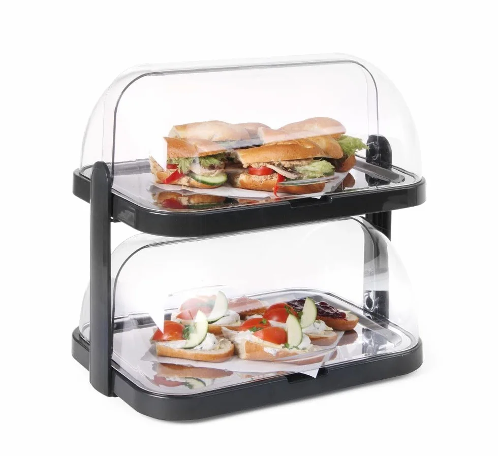 HENDI Expositor refrigerado con cubierta deslizante roll-top, conjunto exhibidor de alimentos de 2 niveles con bandejas de acero inoxidable y 4 bloques refrigerantes, 440x320x(H)440mm, negro, ABS, SAN