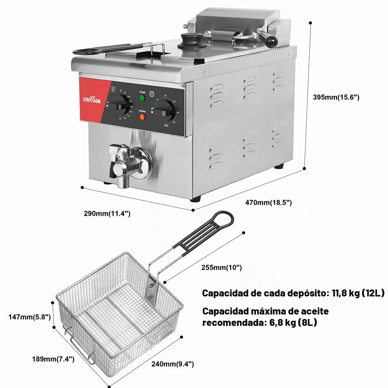 CROSSON Freidora Eléctrica Comercial 8L,3250W Freidora Aceite Profesional de Acero Inoxidable con Sistema de Desagüe, Temperatura Ajustable,para Aros de Cebolla Pollo Papas Fritas