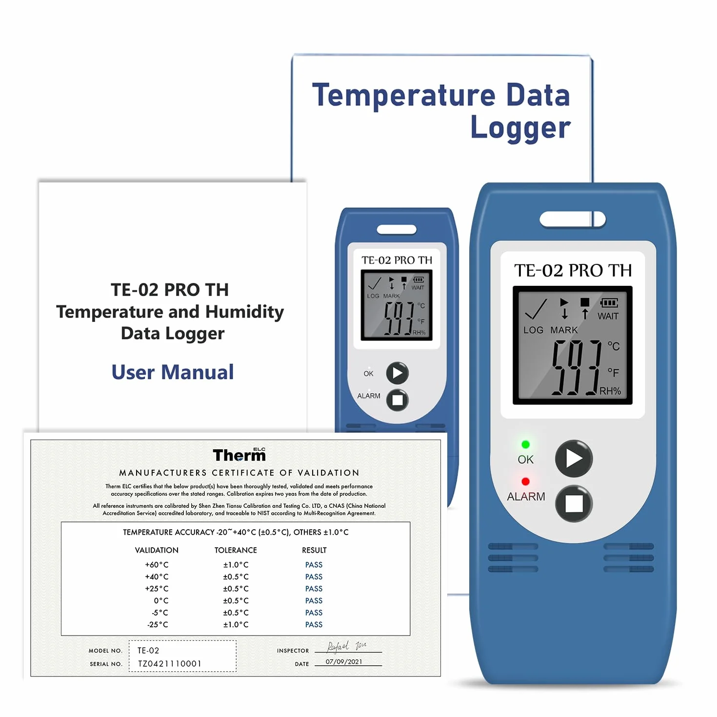 ThermElc TE-02 Pro TH Registrador de datos de temperatura y humedad, informes PDF/CSV generados automáticamente, registrador de datos para almacenamiento médico, alarma visual de temperatura(5 PCS)