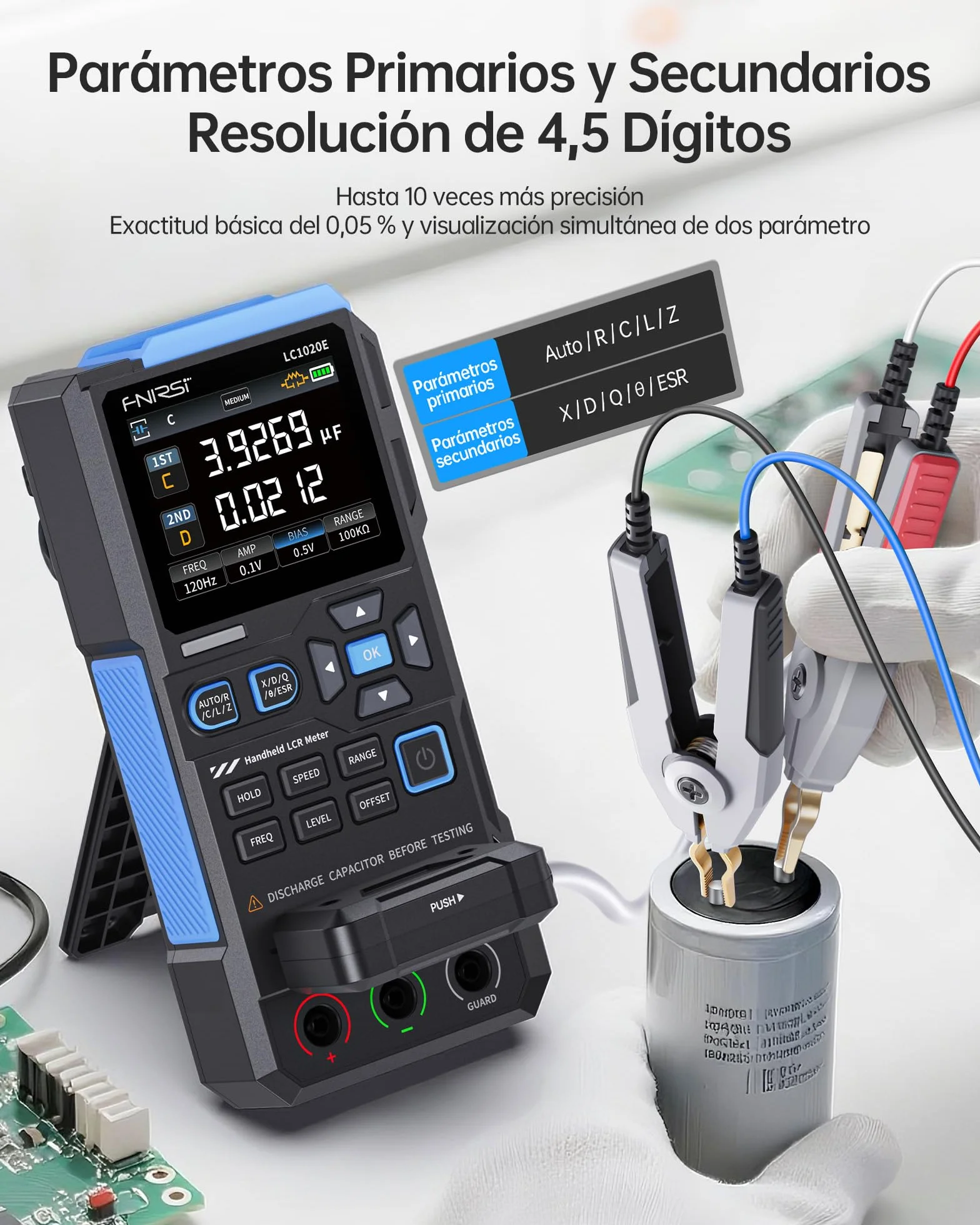 FNIRSI LC1020E Medidor Digital LCR 100kHz, Tester de Resistencia Inductor Condensador, 19999 Cuentas, Detección Auto de Componentes, Mide ESR/Q/D/θ/X, Pantalla Dual, Calibración Apertura Cortocircuito