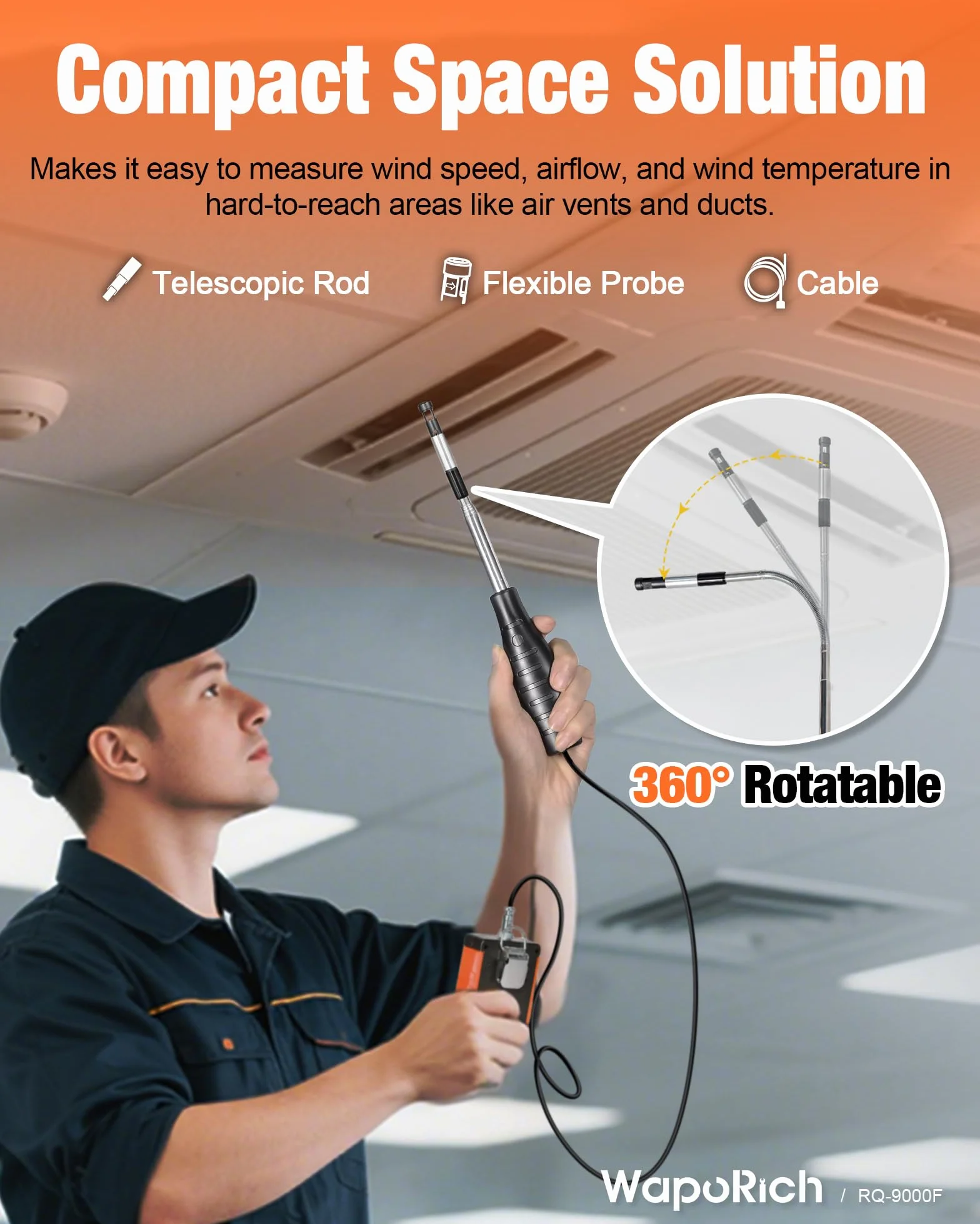 Anemómetro de Hilo Caliente Digital RQ-9000F Medidor Velocidad de Viento CFM CMM CMS Temp HVAC Kitesurf