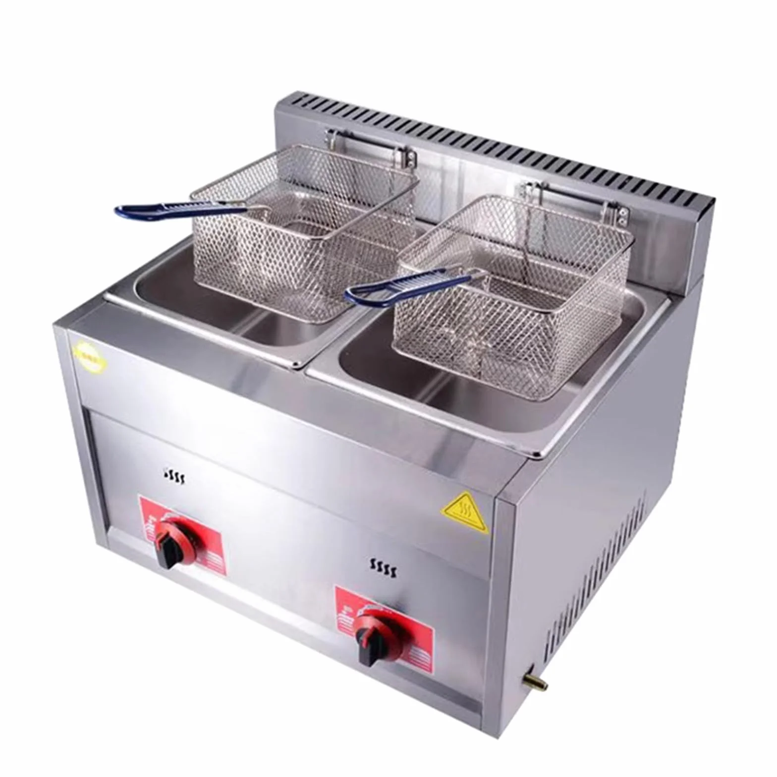 Freidora de gas, freidora de gas profesional de acero inoxidable comercial con cesta y tapa, Freidoras 2x10L Doble Tanque para encimera de restaurante comercial Máquina (10L+10L)