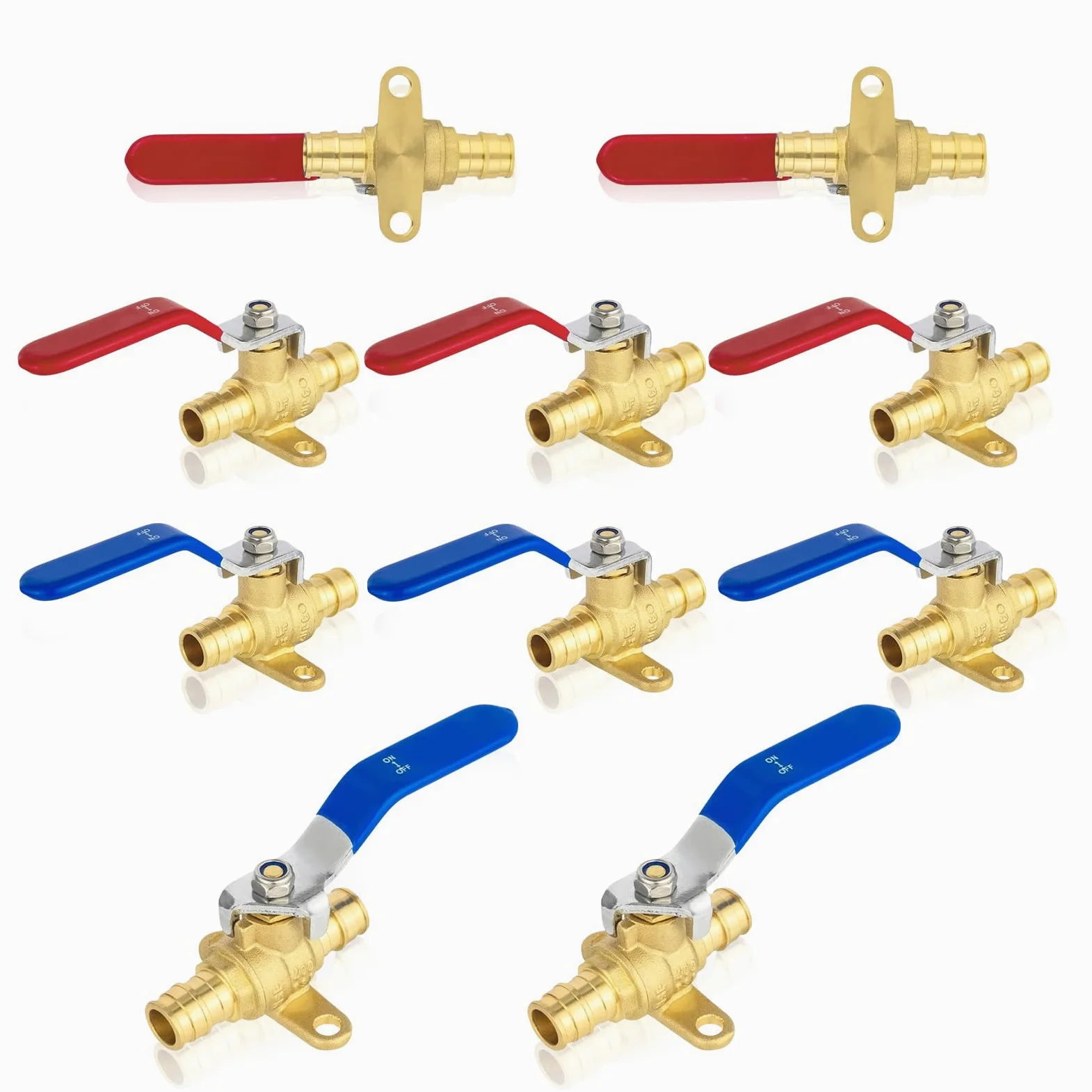 Paquete de 10 válvulas de bola de expansión PEX-A de 1/2 pulgada con oreja de caída, válvulas de bola de latón de cierre completo para tubería PEX-A, válvula de agua caliente (rojo) y fría