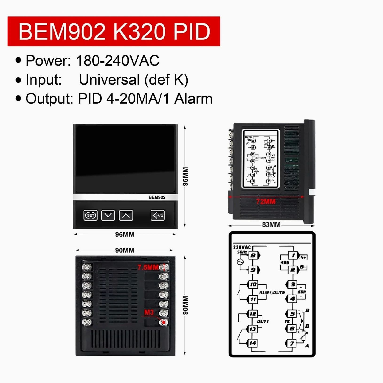 Controlador de temperatura PID BEM902 K320 PID MA con entrada universal digital y función de alarma de relé de estado sólido.