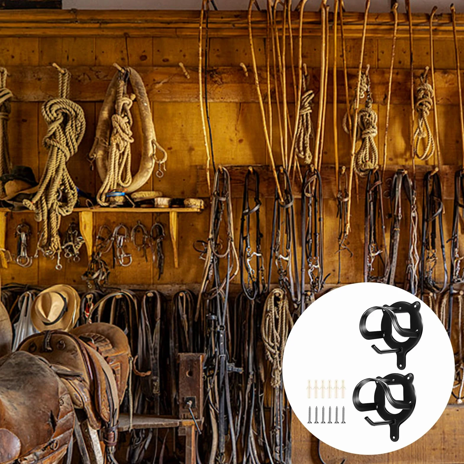 Kiuiom 2 Piezas Ganchos Para Bridas De Caballo,Soporte De Pared Caballo Con Tubos Y Tornillos,Colgador de arneses,Accesorios Riendas