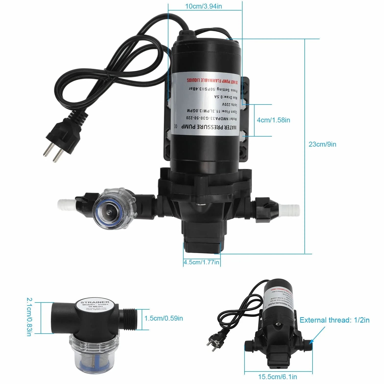 Akozón Bomba de Diafragma de Agua 220V 11.3LPM 50PSI Autocebante