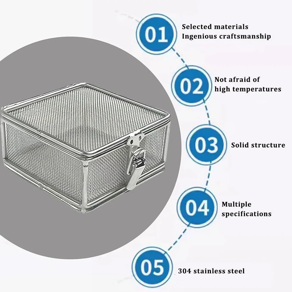 Cesta de esterilización para instrumentos quirúrgicos, caja de malla de acero inoxidable con tapa, apta para autoclave para uso hospitalario y laboratorio, 25 x 17 x 7 cm