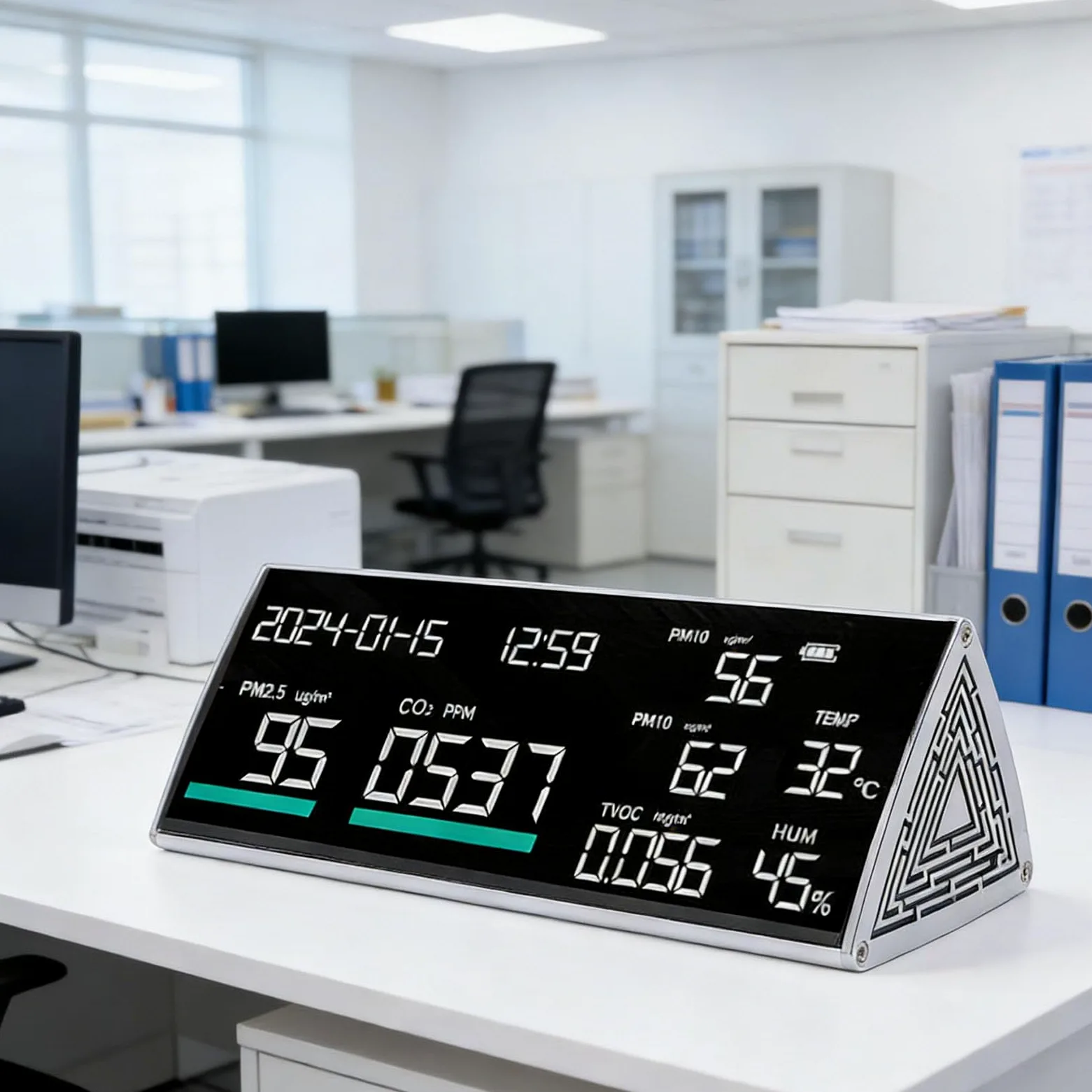 Fockety Monitor de calidad del aire, 9 en 1, de escritorio, con medidor de calidad del aire, PM2.5, PM1.0, PM10, temperatura, humedad, CO2, TVOC, hora y fecha, para casa y hotel