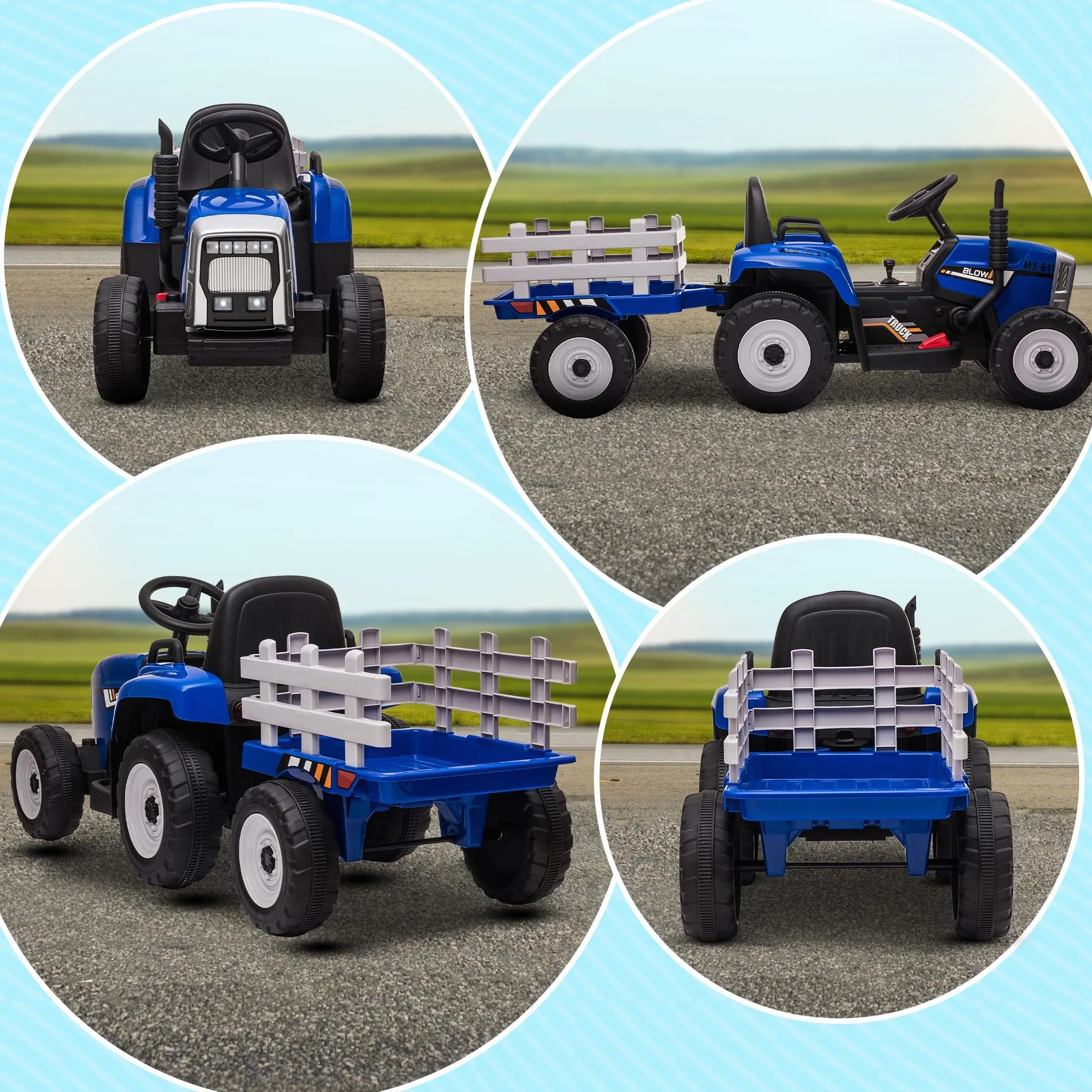 HOMCOM Tractor Eléctrico con Remolque Desmontable para Niños 3-6 Años Control Remoto Música MP3 Luces 136,5x50x52,5 cm Azul