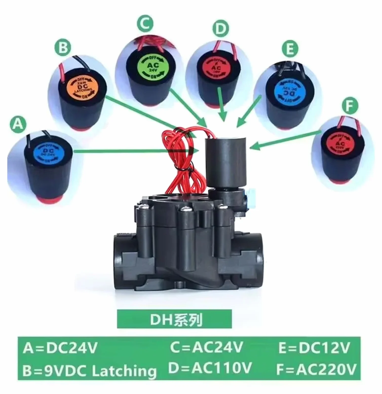 Electroválvula de riego de 3/8'', 2 vías, 2 Posiciones, N/C, 220 V, 12 V, 24 V CC, con Enclavamiento for riego agrícola(DC 24V)