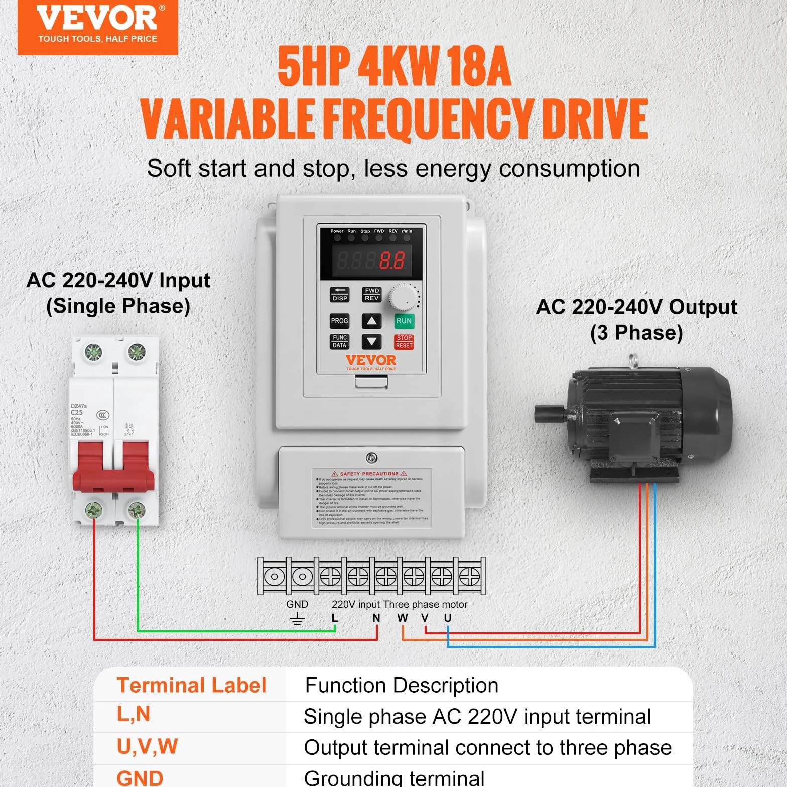 VEVOR Variador de Frecuencia Convertidor de Frecuencia de 4kW 5HP 18A 0-400Hz VFD con Entrada Monofásica Regulador de Salida Trifásico Control de Velocidad Enfriamiento Rápido para Motor de Maquinaria