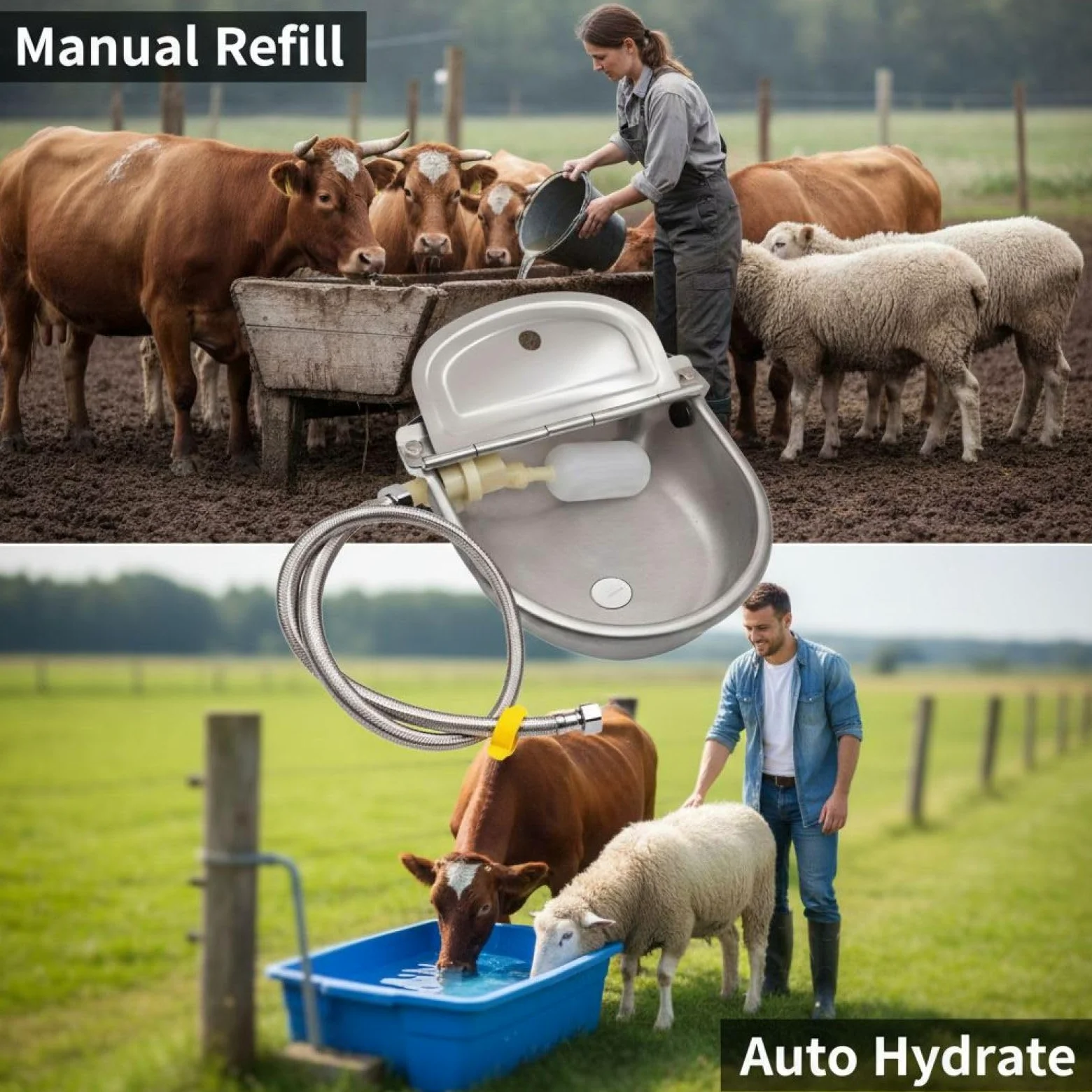 Bebedero para animales de granja, acero inoxidable 304, recarga automática con bola flotante, nivel de agua ajustable, para ganado, caballo, oveja, cabra, perro, 27 x 18,5 cm