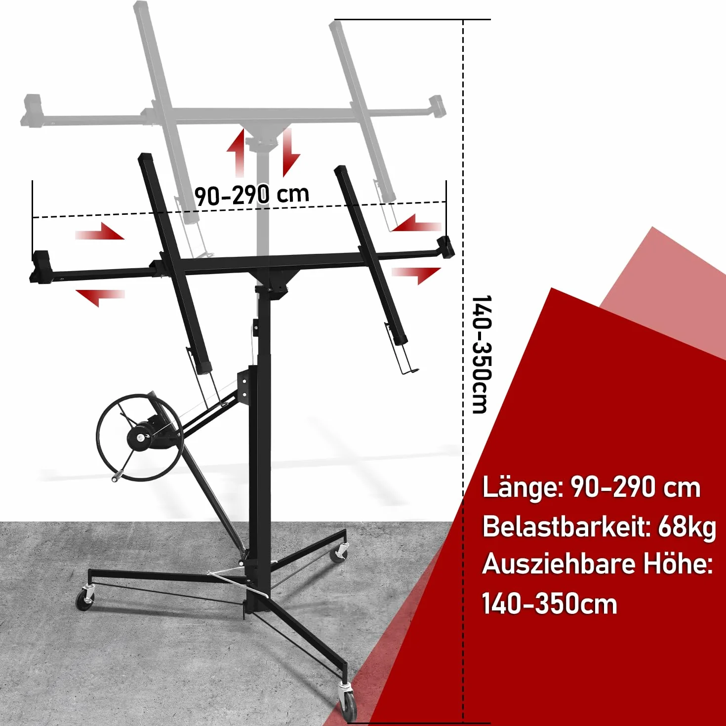Sonnewelt - Elevador de placas negro, 68 kg de carga, plegable, altura ajustable XXL de 140 cm a 350 cm, ancho máximo del brazo de carga de 290 cm