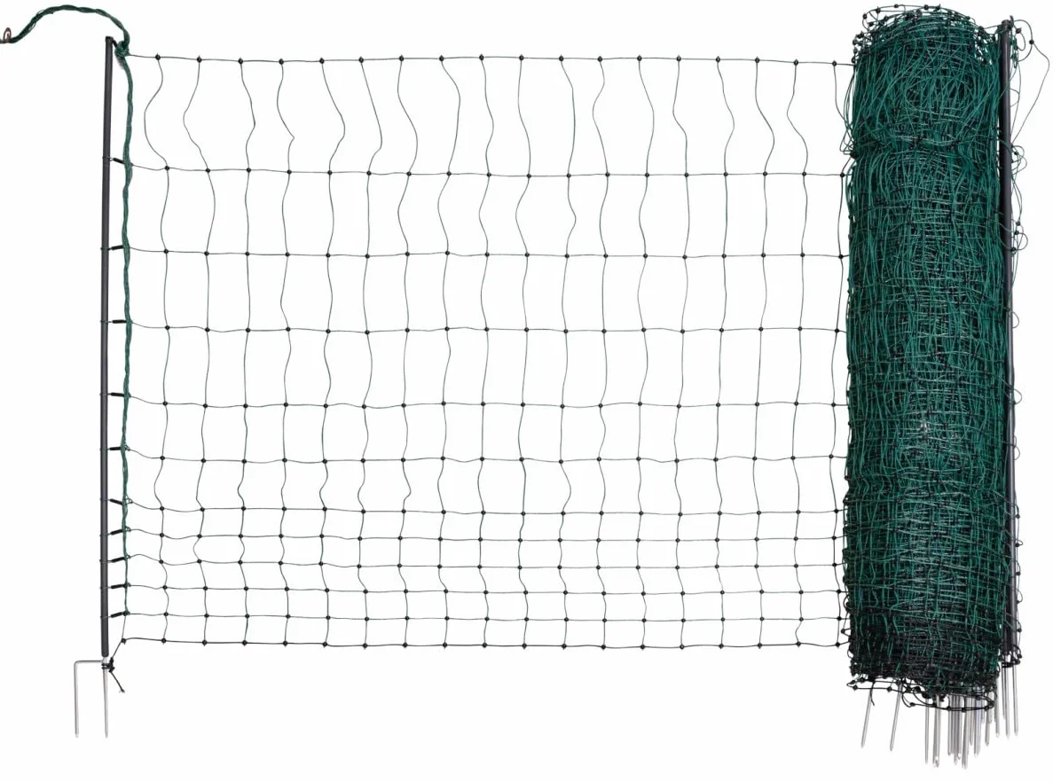 AKO Fencing Red para Aves de Corral (electrificable, 50 m x 122 cm, Color Verde, con Doble Punta, 15 estacas, Red para Animales)