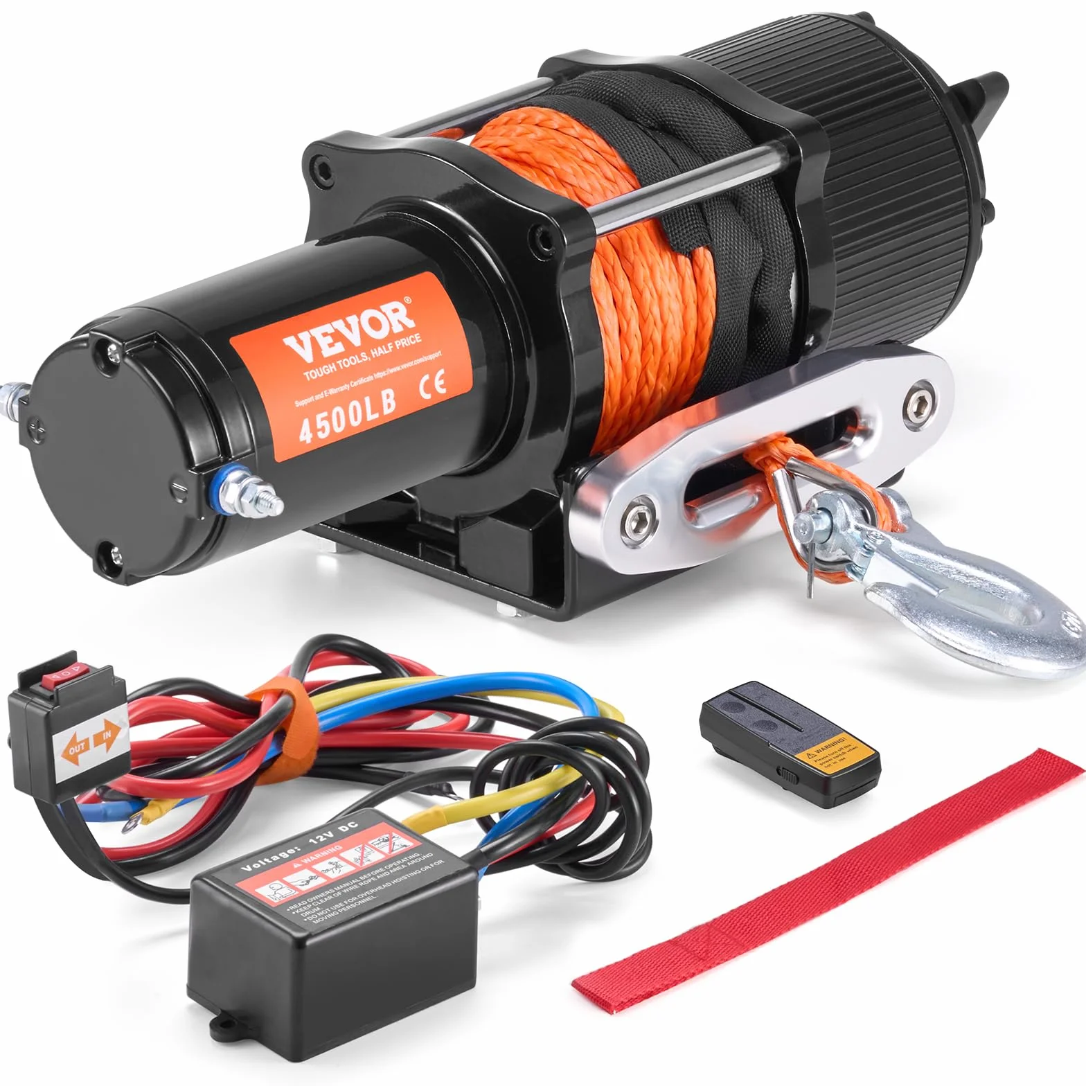 VEVOR Cabrestante Eléctrico ATV UTV Capacidad de Remolque 2041 kg 12 V DC Cuerda Sintética de 12 Hilos Φ0,6x1188,7 cm Control Remoto Inalámbrico y por Cable Impermeable IP55 para Remolque ATV UTV