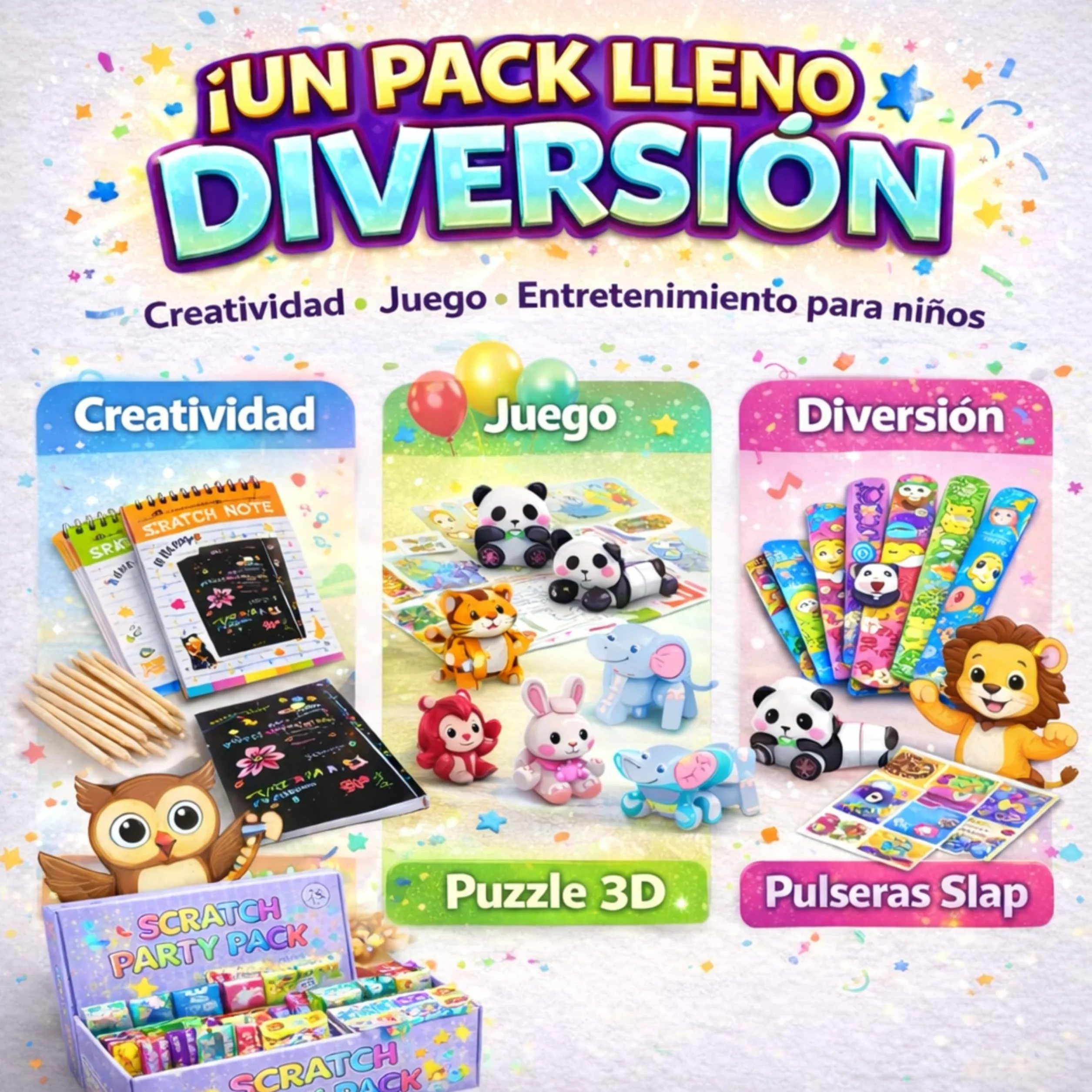 Pack 24 Invitados Regalos Cumpleaños Niños Colegio con Pulseras Silicona Slap Puzzle 3D Scratch Art Bolsas Individuales
