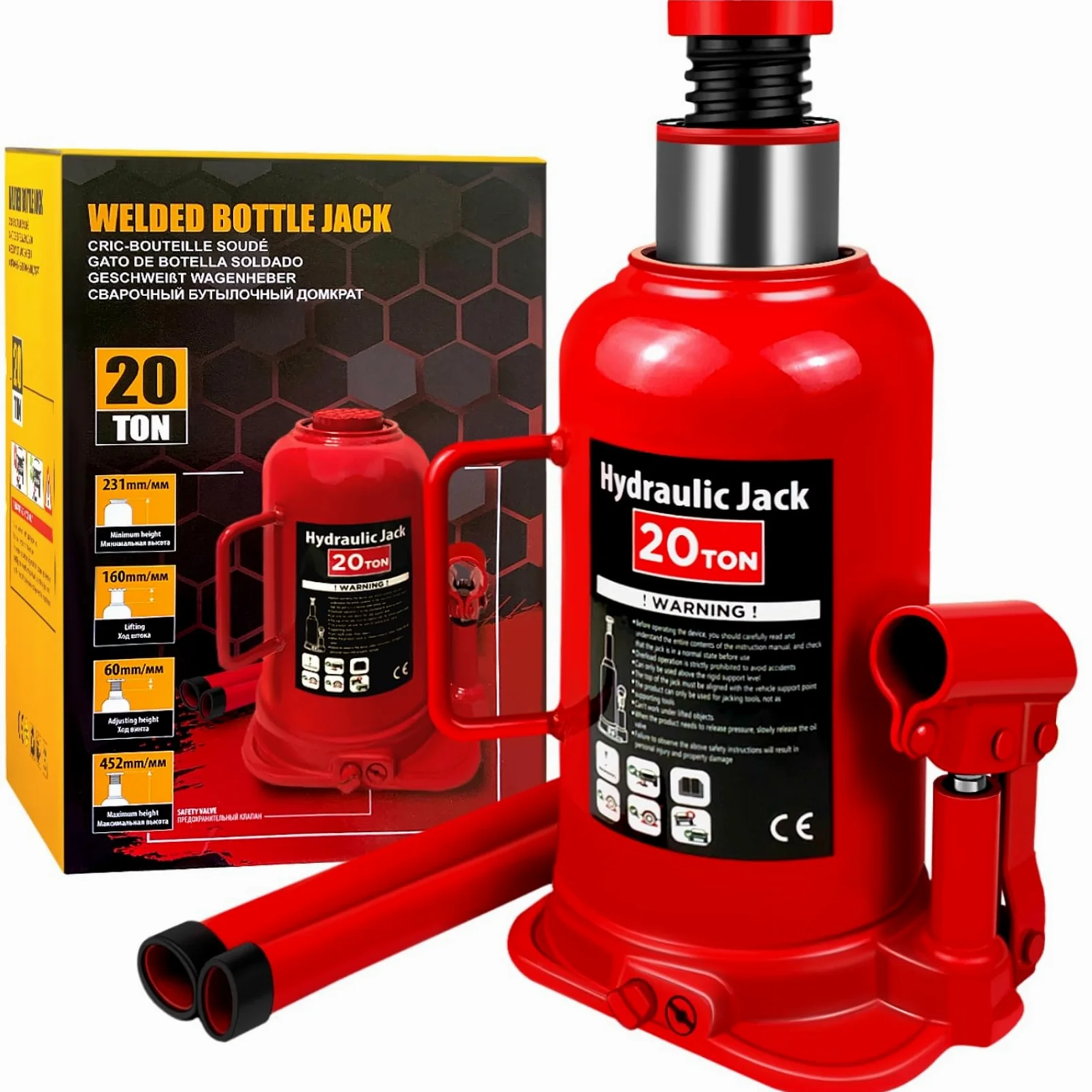 Torin - Gato hidráulico de botella con caja de color, capacidad de 20 toneladas (40 libras), rango de elevación de 7.5 a 14 pulgadas, gato de botella soldada multidireccional para automóvil