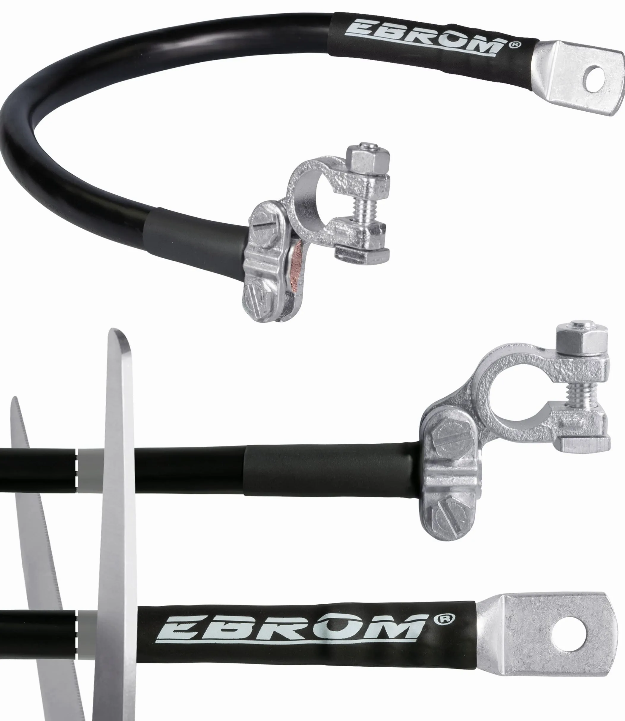 EBROM - Cable de batería, cable de tierra con borne (-) 35 mm2 negro, ya confeccionado + tubo termorretráctil, a partir de 30 cm hasta 2 metros, ojales/terminales de cable M6/M8/M10/M12/sin
