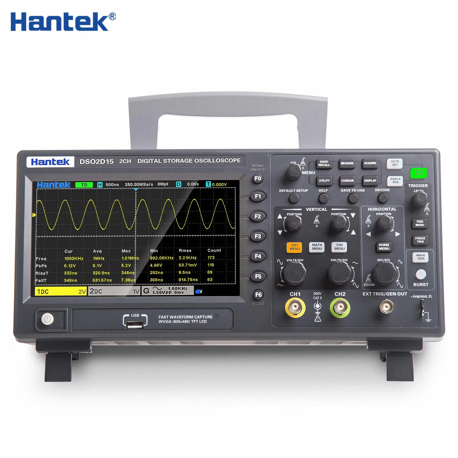 Hantek DSO2D15 Digital Osciloscopio 2 canales 1GSa/S Almacenamiento Osciloscopio 150 MHZ Banda ancha Mano