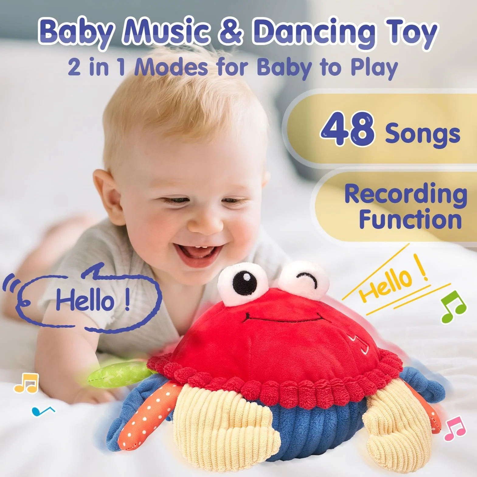 hahaland Cangrejo Juguete Bebe 6-12 Meses, Bailarín con Música y Grabación, Peluche Interactivo