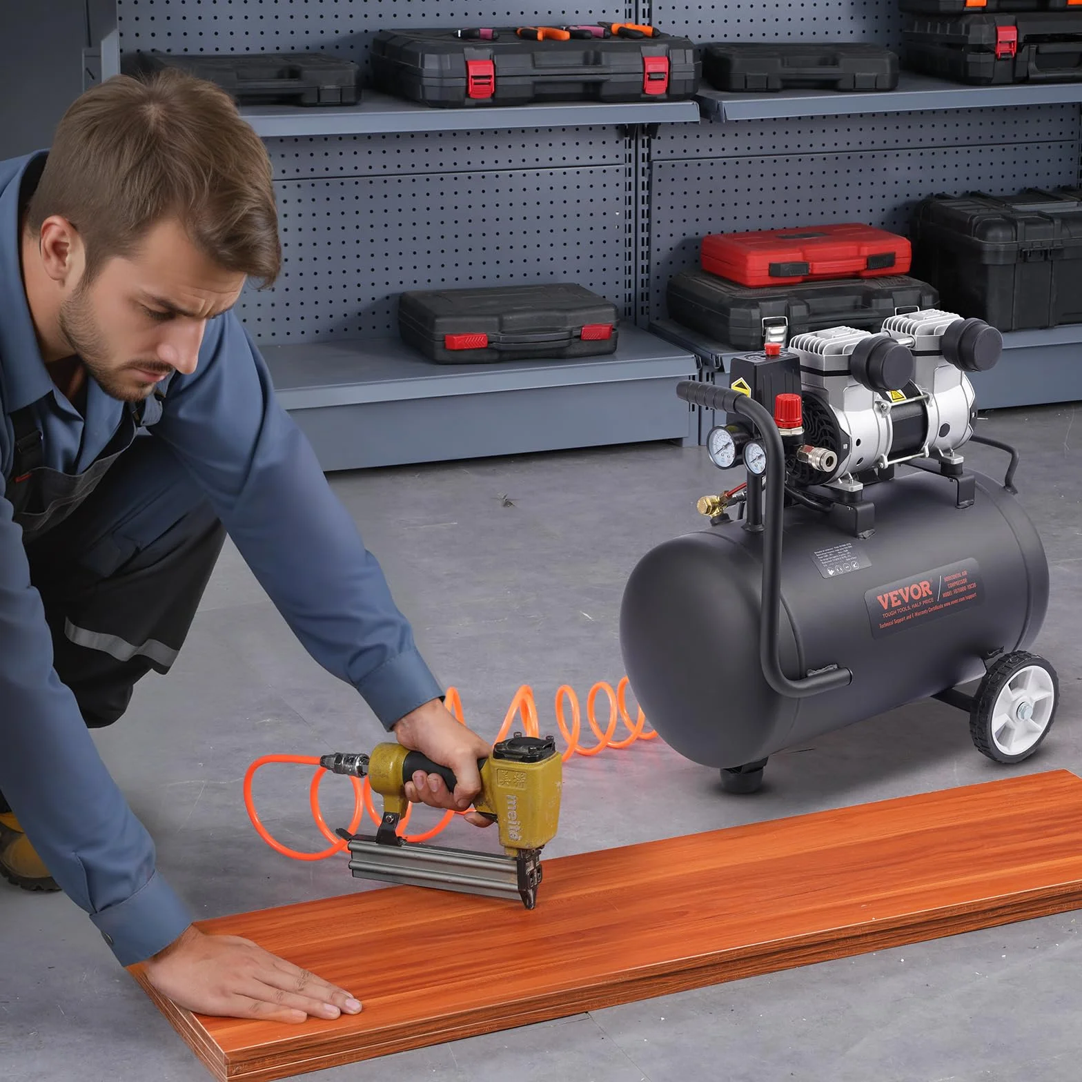 VEVOR Compresor de Aire sin Aceite 1 HP, Tanque de Acero 30 L, 2,2 CFM 90 PSI, 120 PSI, Portátil 80 dB