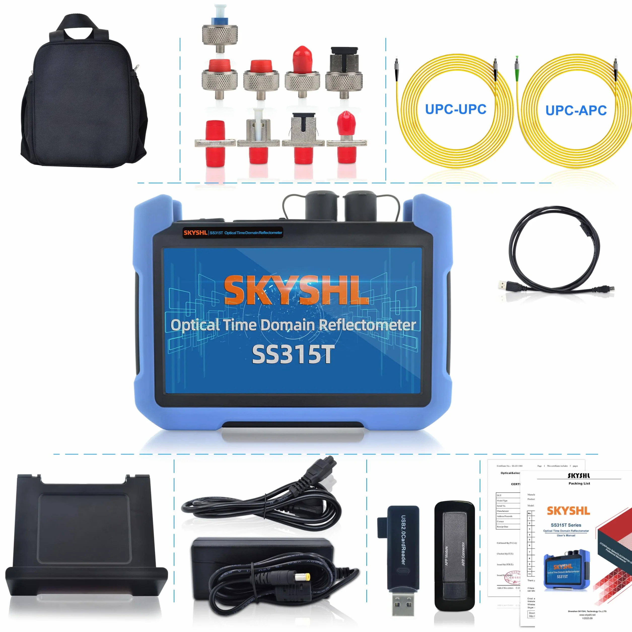 1310nm/32dB+1550nm/30dB SM OTDR Probador de Monomodo Fibra Con OPM+OLS+VFL+Mapa de Eventos+Módulo APP+Pantalla Táctil de 7” Compatible con SC+ST+FC+LC/UPC&APC-SS315T-2A1
