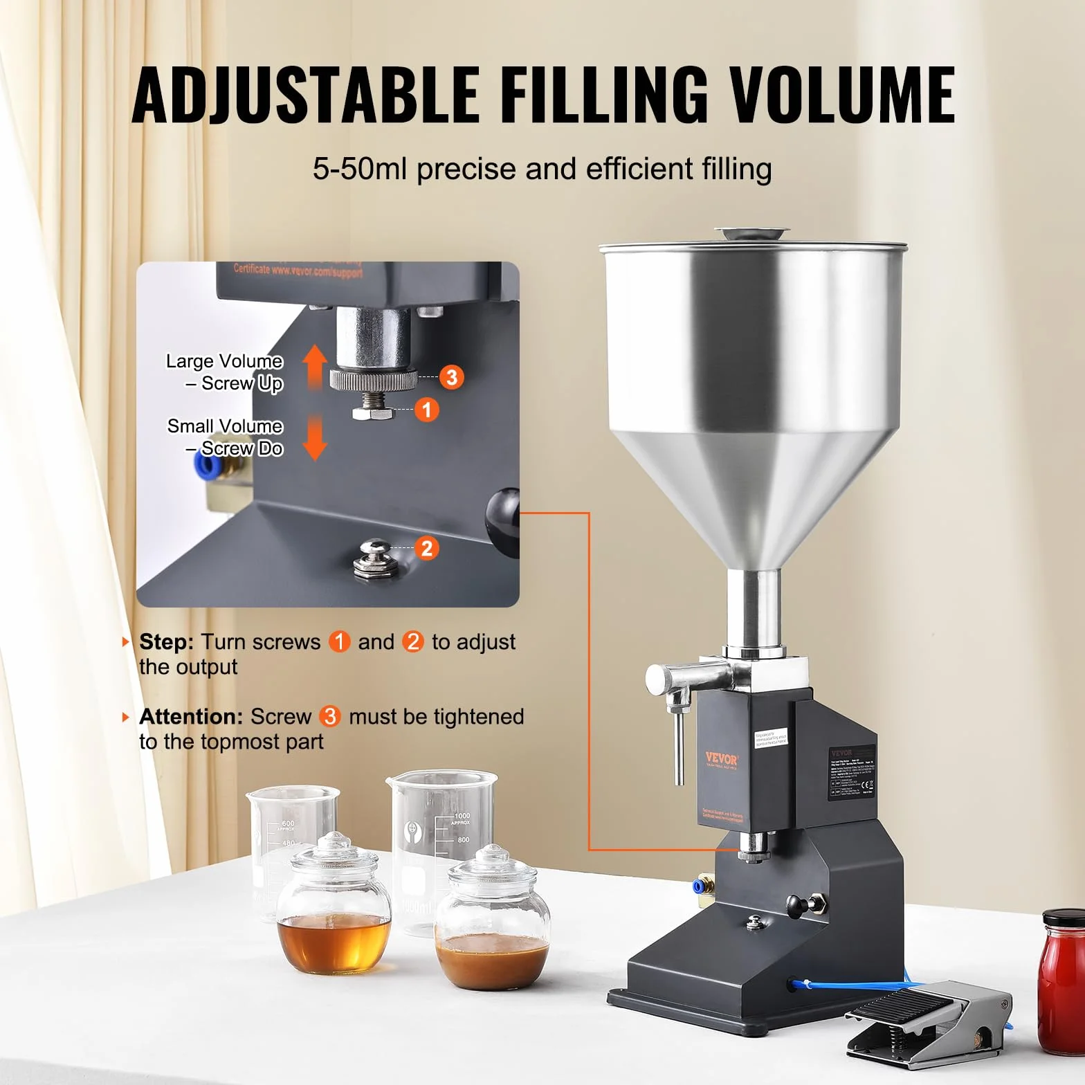 VEVOR Máquina de Llenado de Líquidos Pasta Neumática Llenadora de Botellas de Acero Inoxidable de 5-50 ml con Pedal para Leche, Agua, Zumo, Aceite Esencial, Champú, Miel, Loción Cosmética