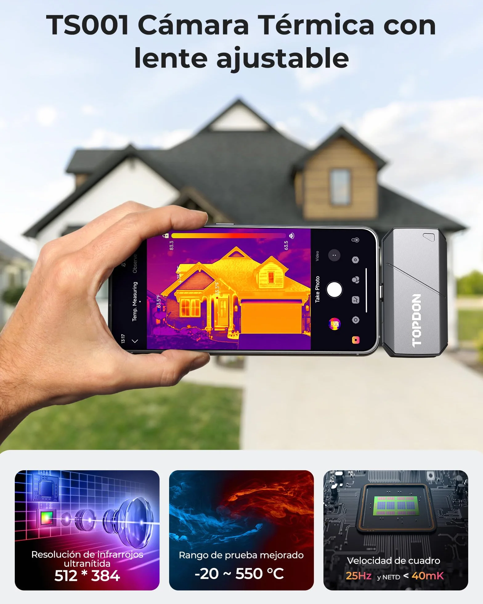 TOPDON TS001 Cámara Térmica para Android, Lente Ajustable de 9mm, Rango de Observación 0.1 a 500M, Alta Resolución 512 x 384 IR, 25Hz, Cámara Termográfica de Enfoque Manual para Placas PCB, Exterior