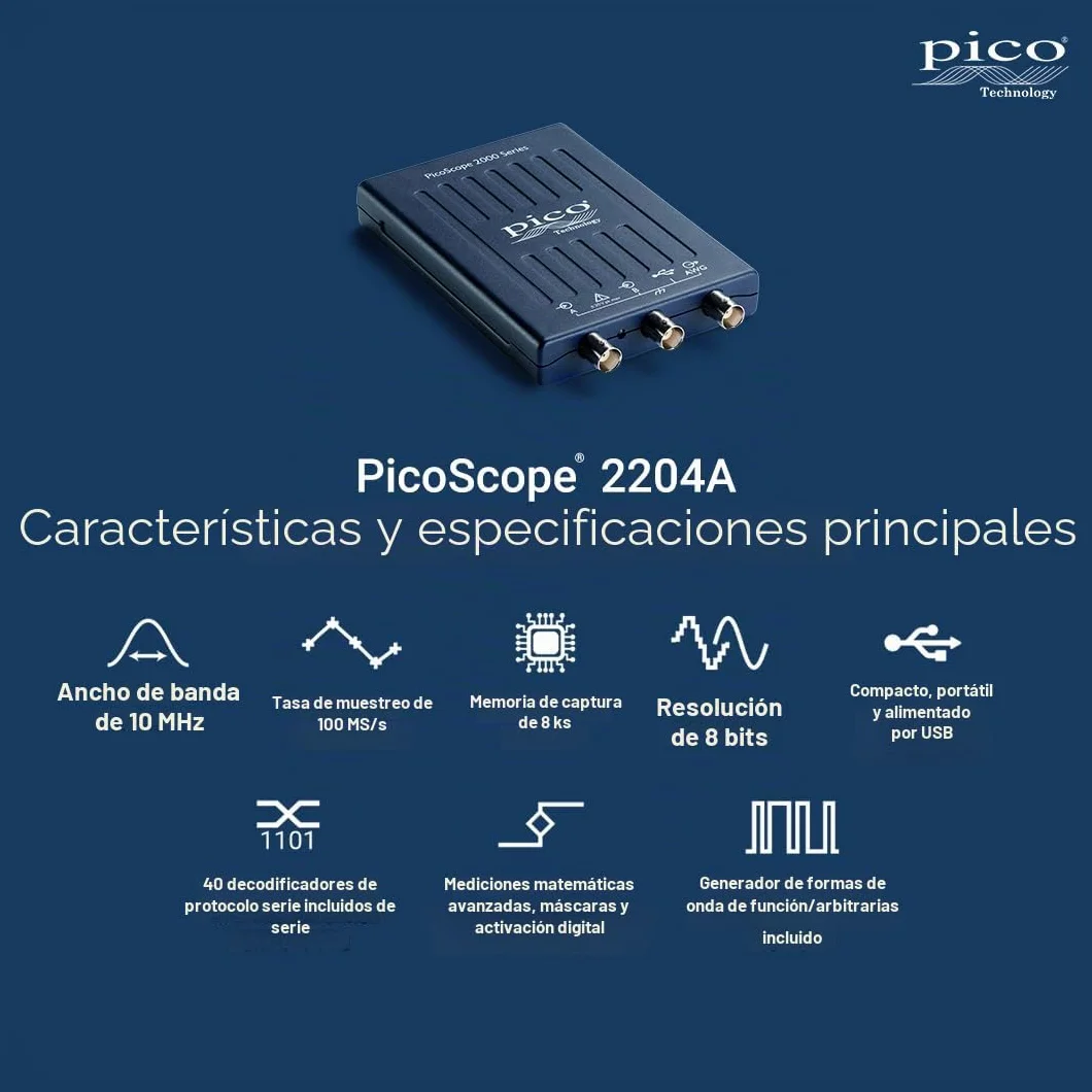 Pico Technology PicoScope 2204A Kit de Osciloscopio USB Digital 2 en 1 Portatil, 10 MHz, 2 canales, con sondas y PS7 software