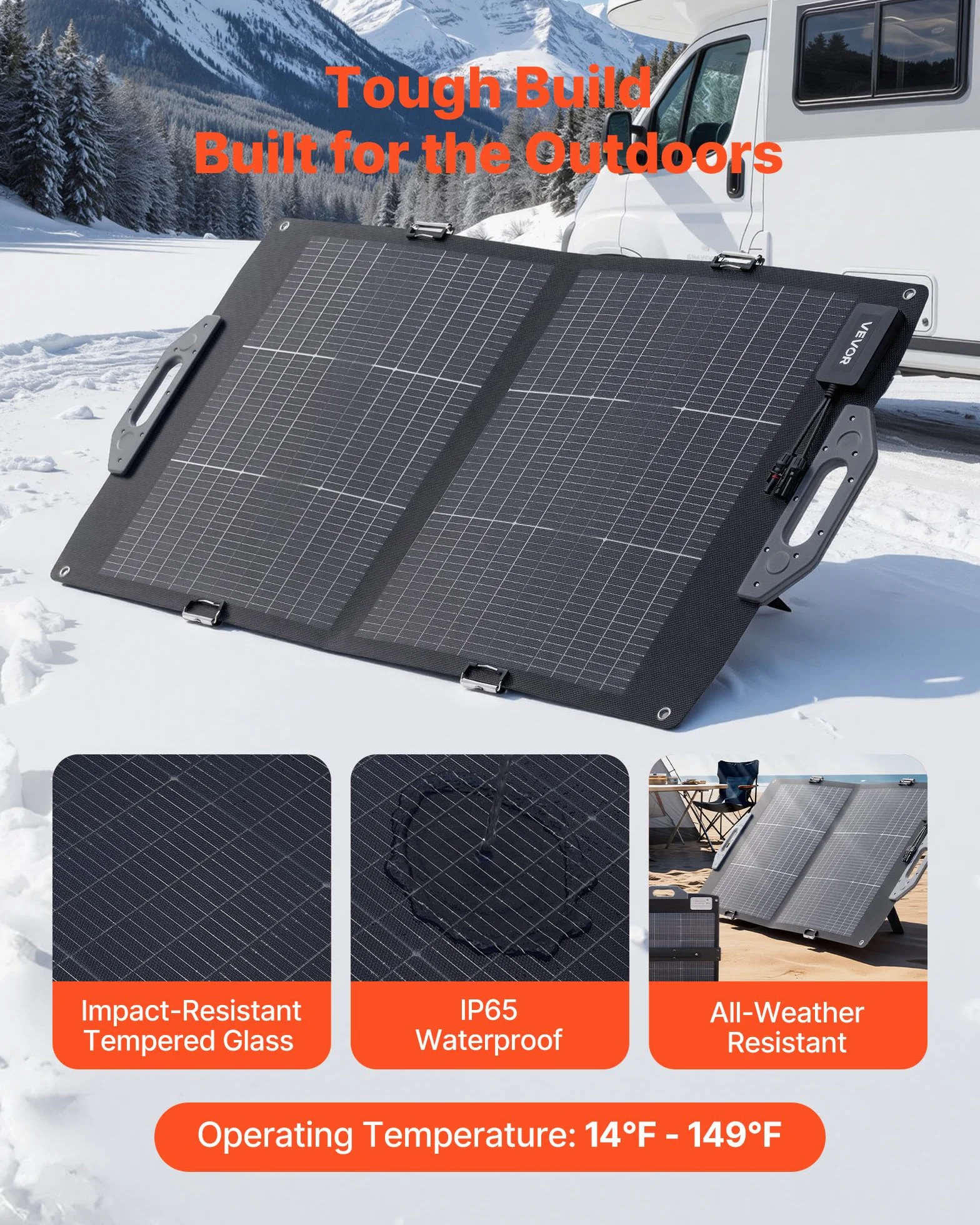 VEVOR Placa Solar Plegable 100W, Panel Solar Portátil con Célula Fotovoltaica Bifacial, Salidas de USB MC4 DC, IP65 Impermeable, Compatible con Estaciones de Energía Autocaravanas Acampada Viajes