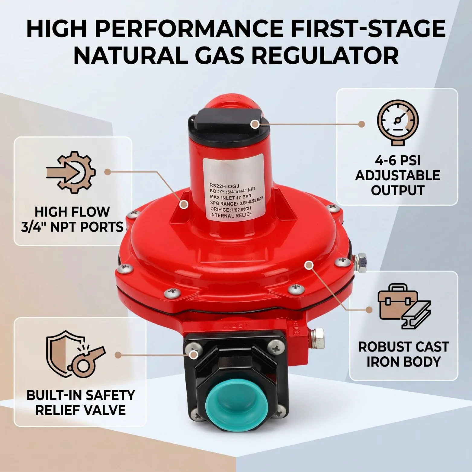Regulador de Presión de Gas Ajustable, Válvula Reguladora de Gas Natural de 4-6 PSI, Entrada y Salida NPT de 3/4 de Pulgada, Presión Máxima de 250 PSI, Caudal de 30 M³/h