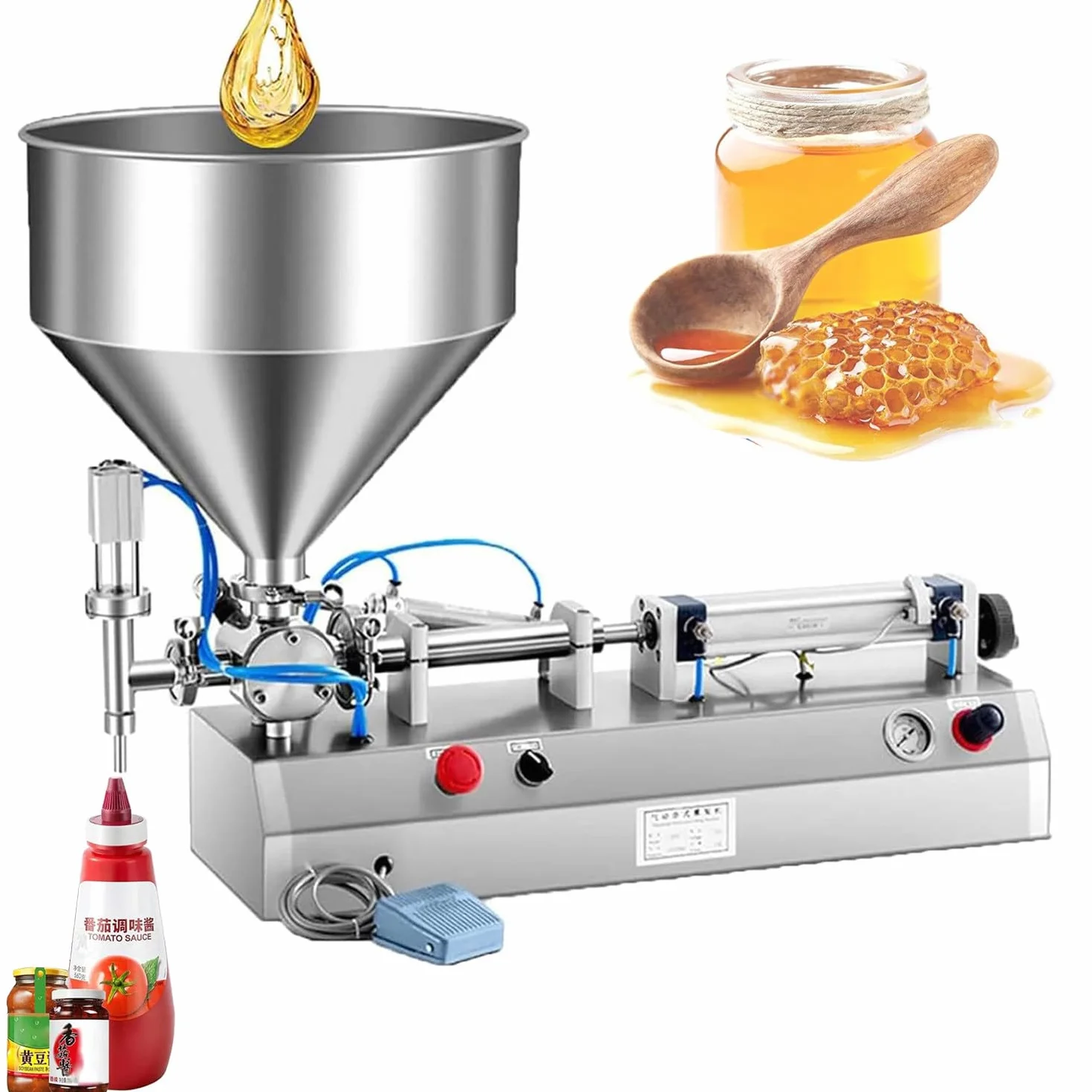 Qiang 300W Máquina De Llenado De Pasta Líquida Neumática 5-1500 Ml,Llenadora Automática De Embotellado con Pedal Y Tolva,para Jugos,Leches,Alcohol,Bebidas Cosméticas Aceite Miel,20-200ML
