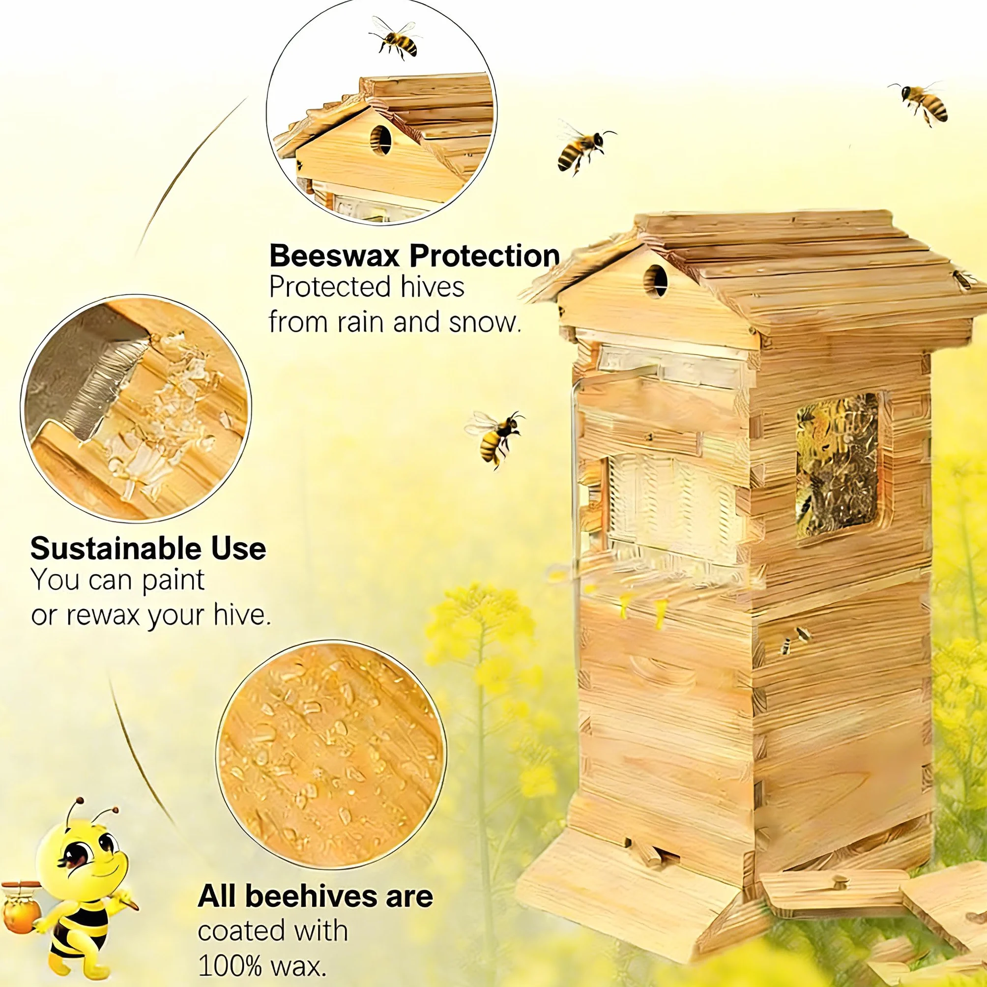 Colmena Flow,Kit De Apicultura para Principiantes:Kit De Colmena Automática,Madera De Cedro Recubierta De Cera De Abejas, con Ventana De Observación, Ideal para Principiantes.