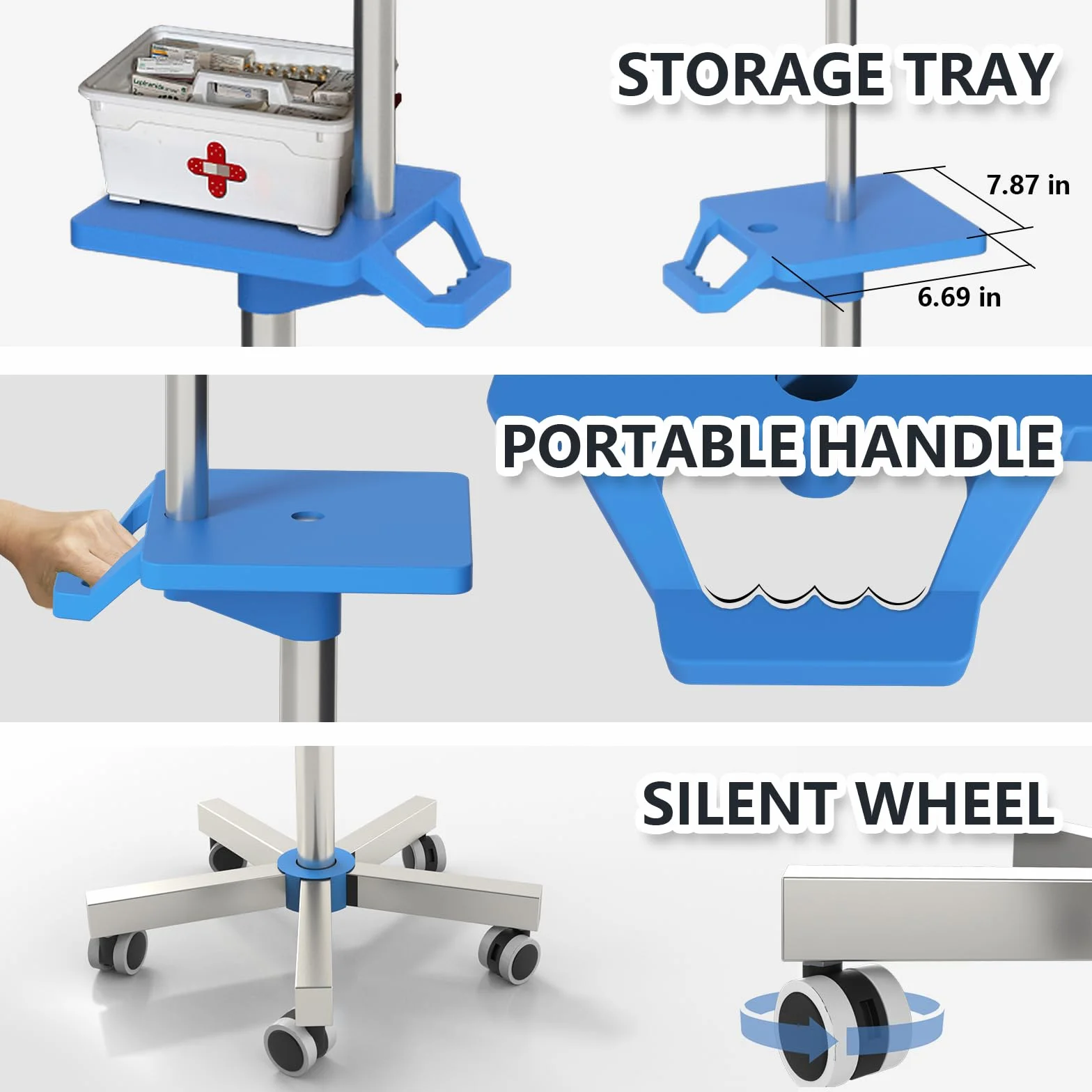 Moricher Soporte Rolling IV con bandeja, soporte de acero inoxidable IV con 4 ganchos, ruedas y construcción de altura ajustable para clínicas y hogares