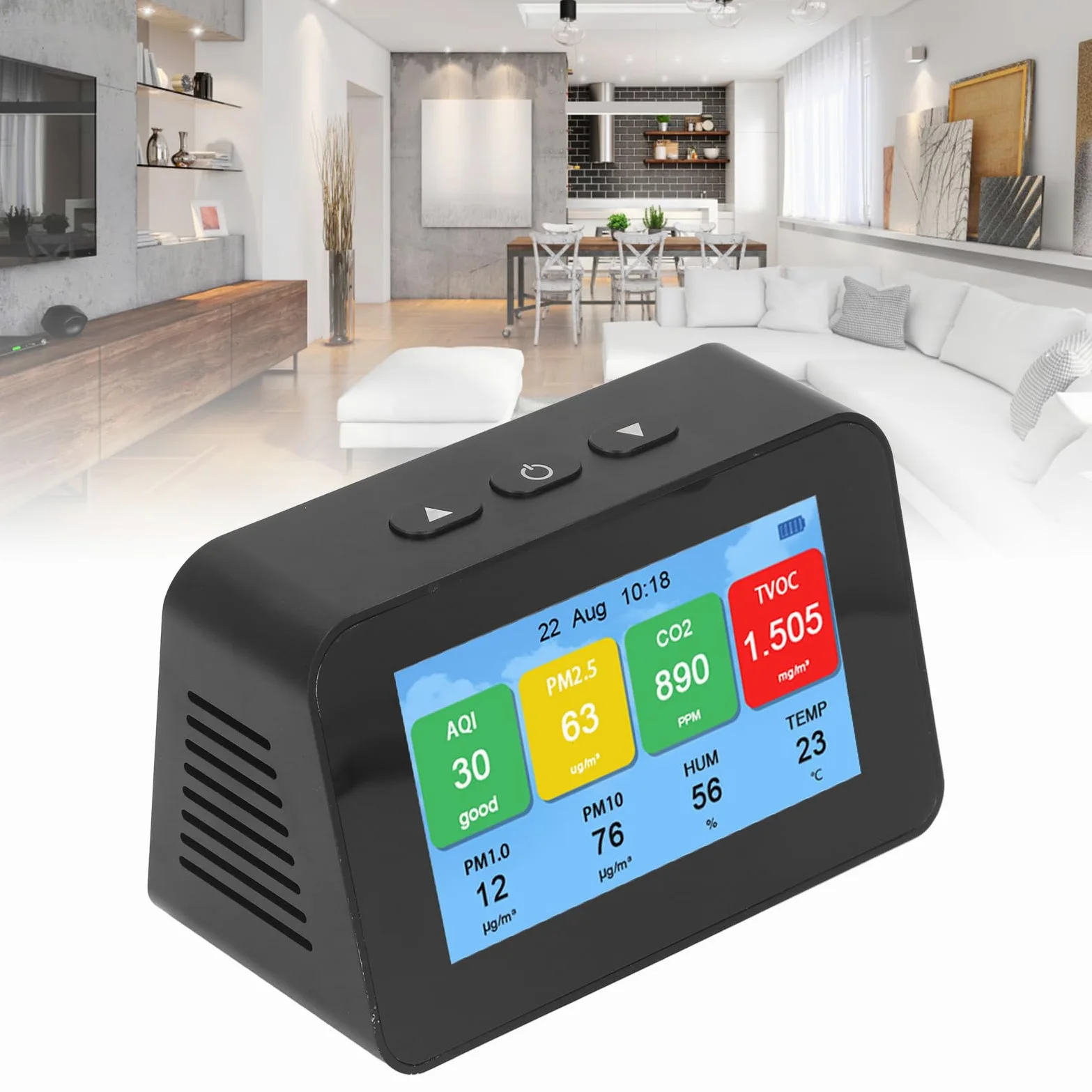 Hyuduo Monitor de Calidad del Aire, Detector LCD CO2 PM2.5 PM1.0 PM10 con Pantalla de Tiempo, Probador de Calidad del Aire Recargable Micro USB 3000 MAh para Uso en Interiores y Oficinas en el Hogar