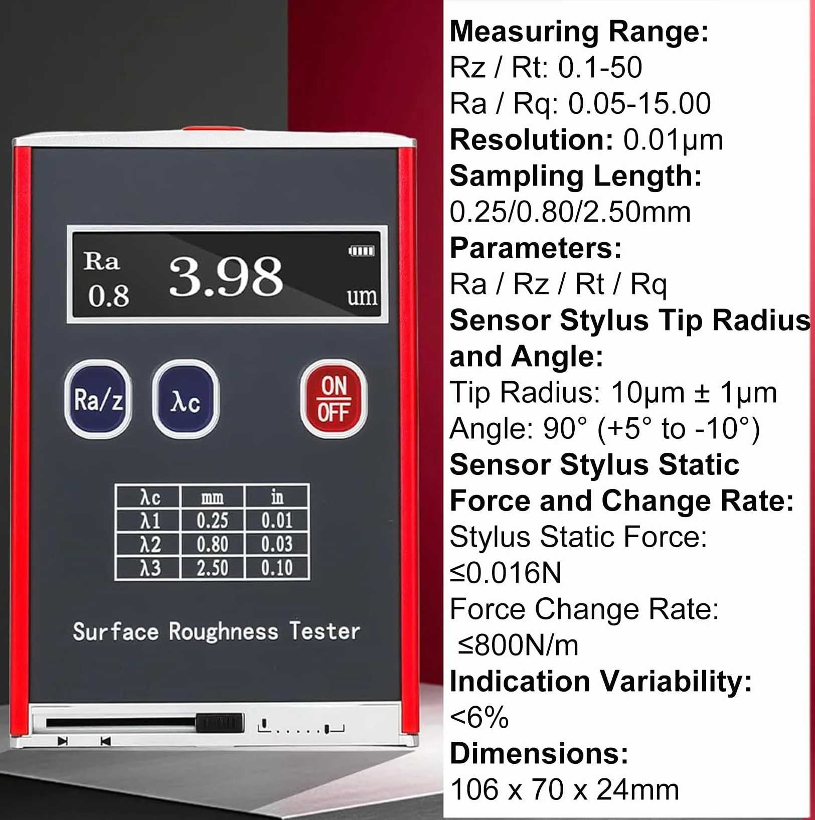 Rugosímetro portátil de 0,01 μm, medidor digital de rugosidad con bloque de calibración estándar, 4 parámetros de prueba: Ra/Rq 0,05~15,0 μm, Rz/Rt 0,1~50,0 μm, para para mediciones industriales