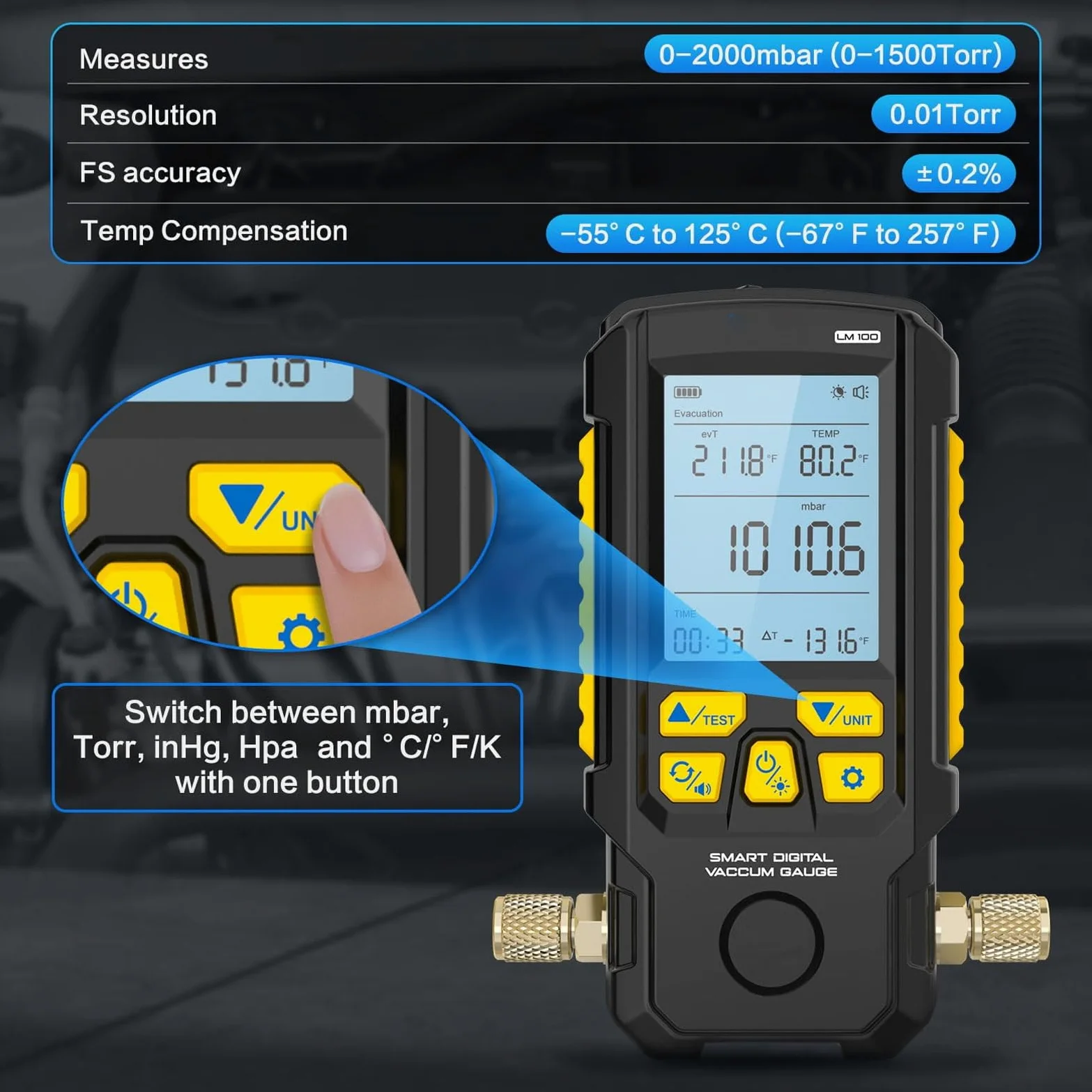 Medidor de Vacío Digital con Sensor Preciso para Pruebas de HVAC y Detección de Fugas de Presión - Rango de Medición de 0-2000 Mbar