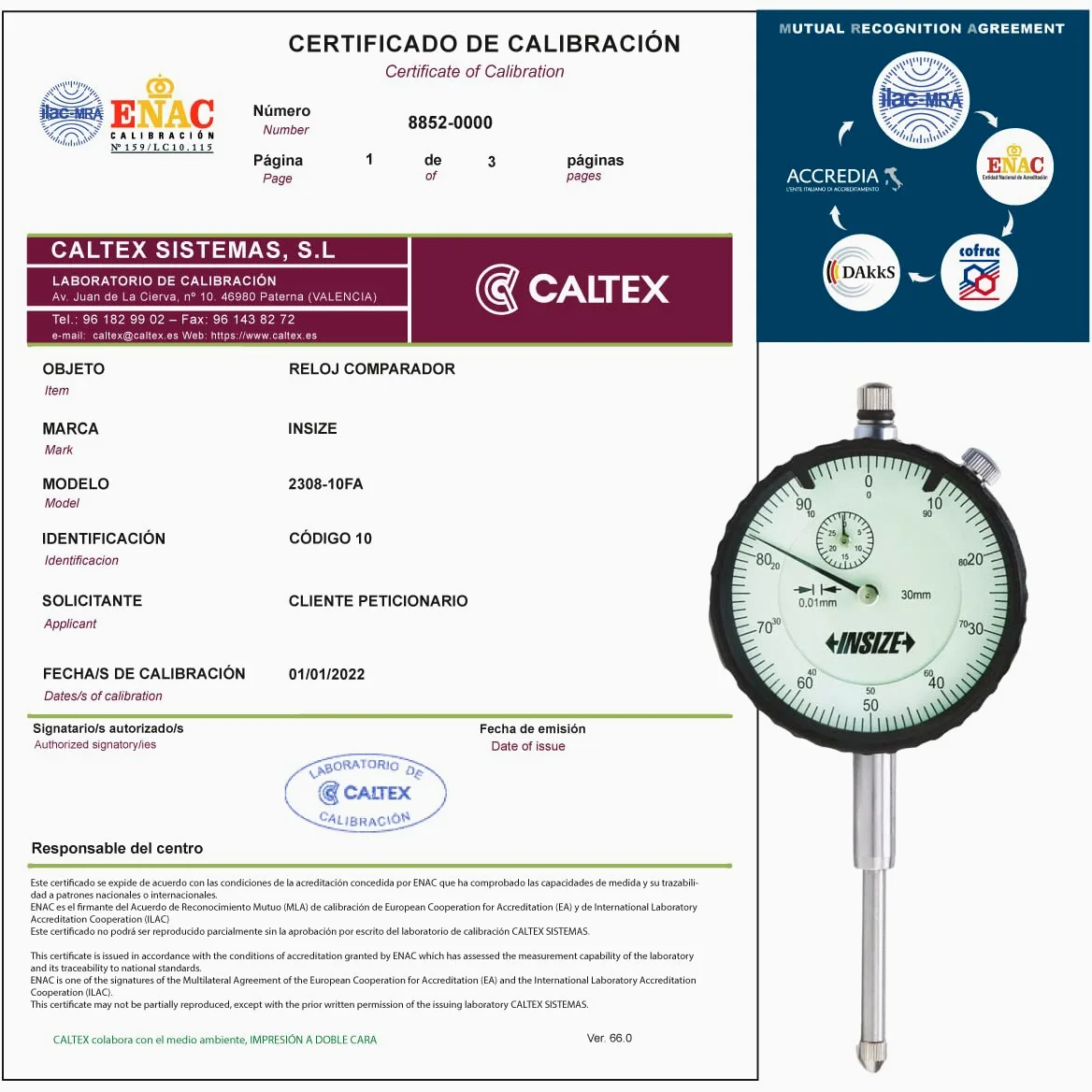 Reloj Comparador analógico INSIZE 2308-10FA - Reloj Comparador Calibrado ENAC - Incluye Certificado de Calibración Acreditado