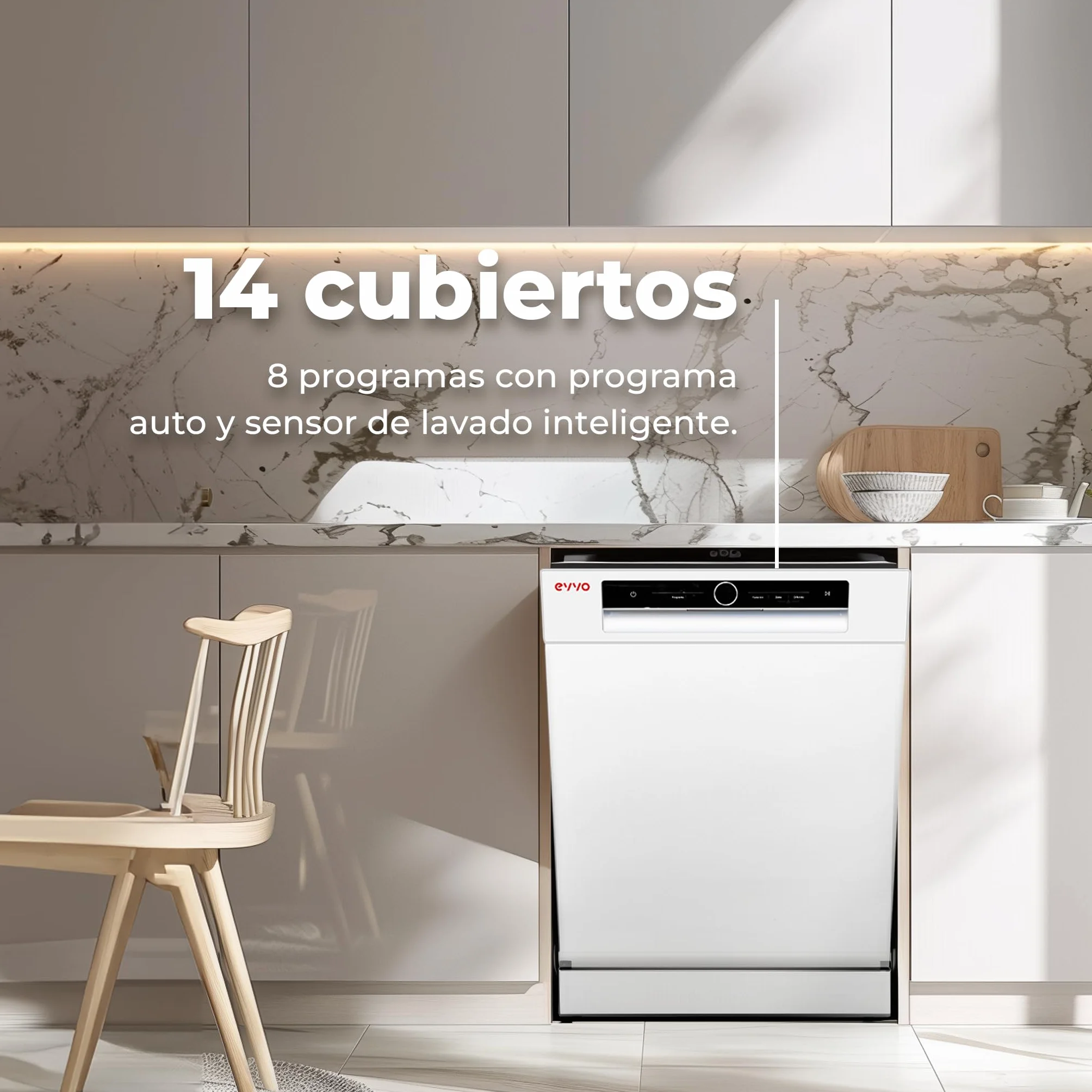 EVVO Lavavajillas 60 cm 14 Cubiertos Tercera Bandeja Eficiencia C 8 Programas Lavado Rápido 30 min Apertura Automática Inox