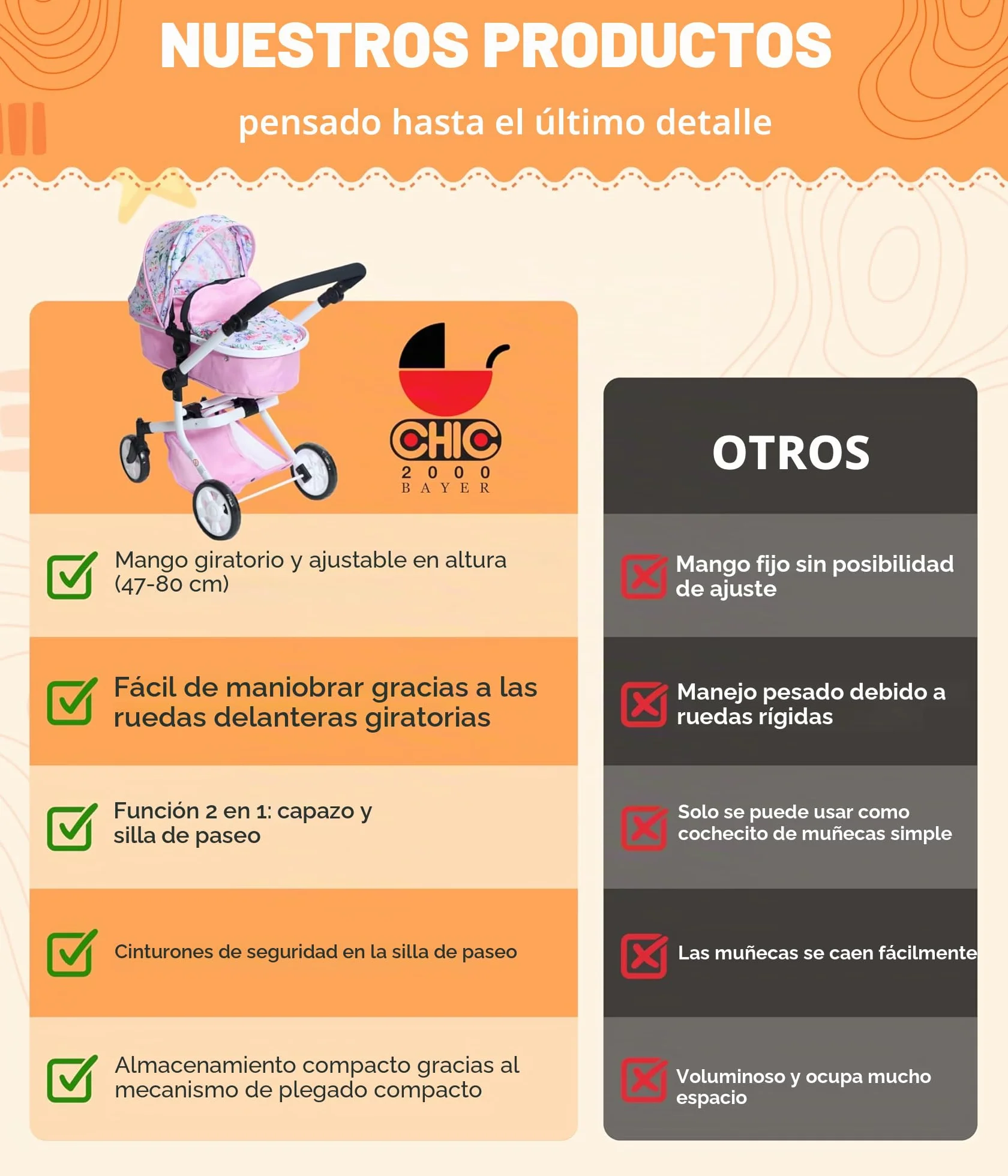 Bayer Chic 2000 Cochecito de muñecas Mika 2 en 1 para muñecas de hasta 52 cm Rosa