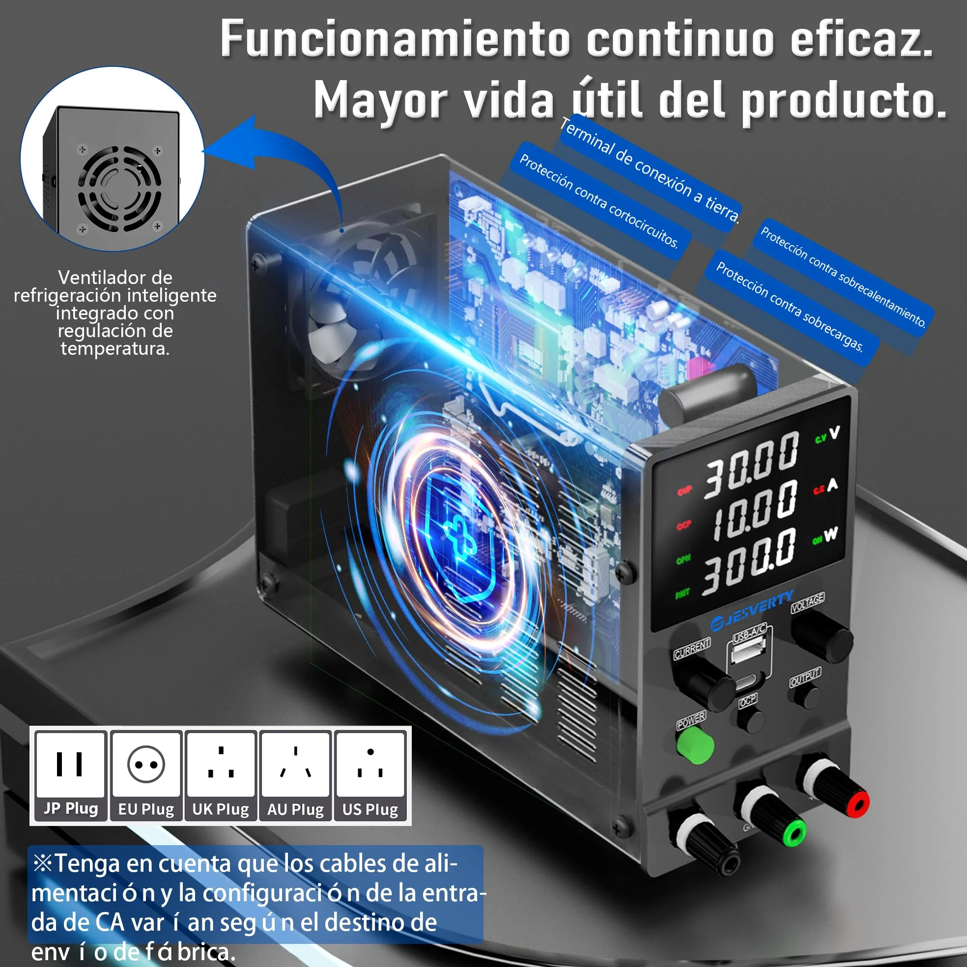 Fuente de alimentación CC Variable, 0-30V 0-10A Fuente de alimentación de Banco regulada CC con Carga rápida USB y Tipo C, Perilla codificadora,Interruptor de Encendido/Apagado de Salida Jesverty