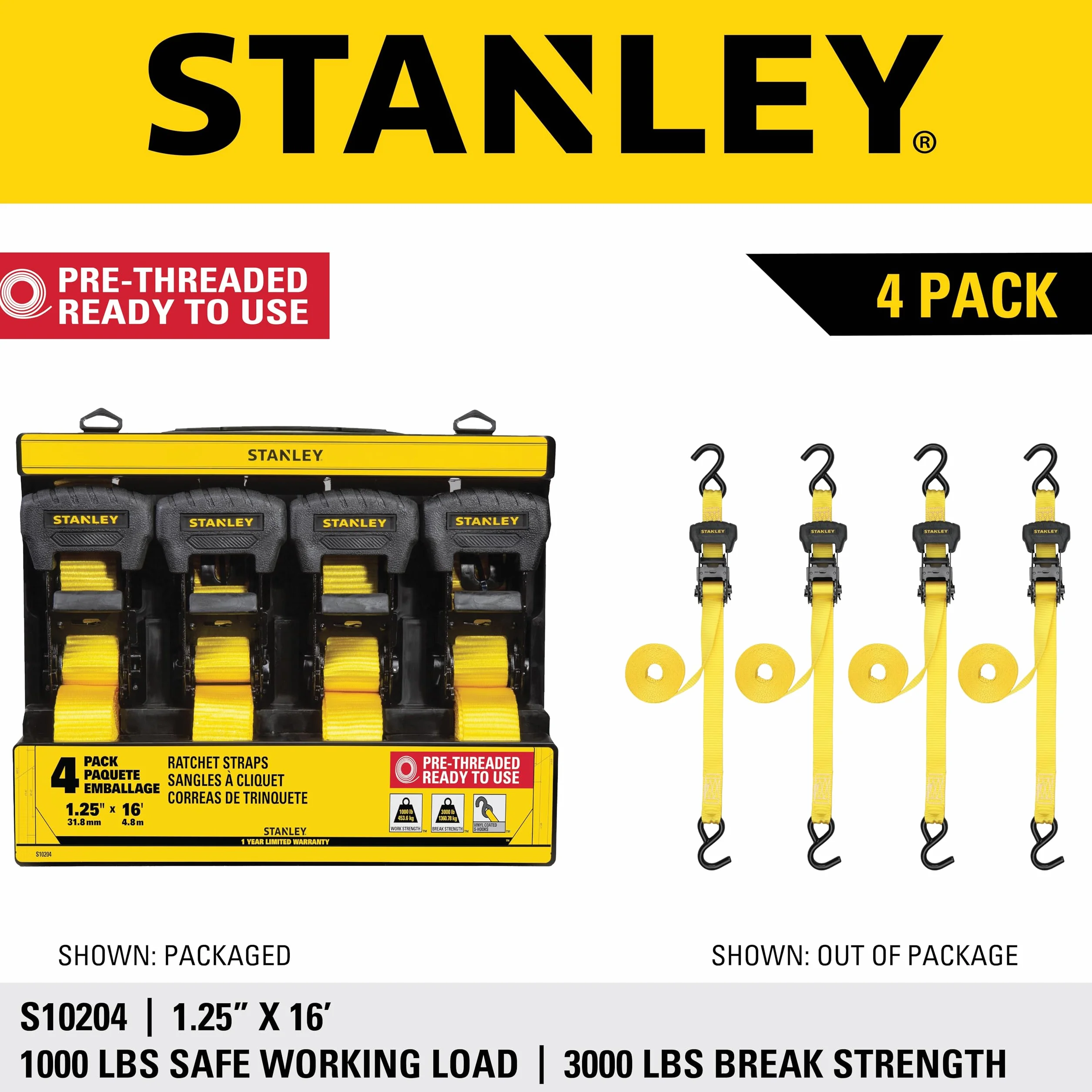 STANLEY S10204 Correas de trinquete preroscadas 1.25 Pulgadas x 16 pies Carga de Trabajo Segura 1 Libra Paquete de 4
