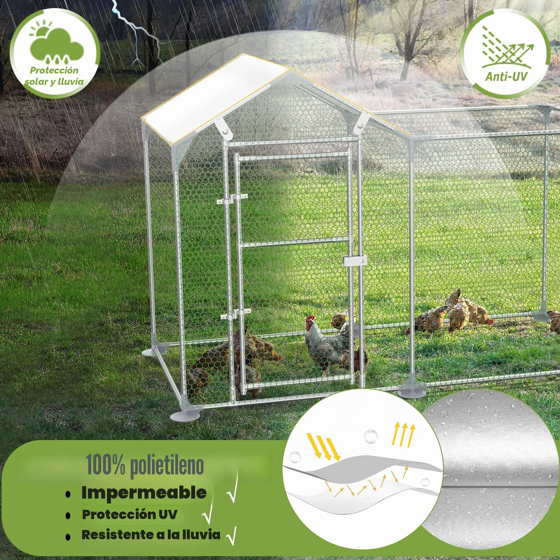 NAIZY - Parque para gallinas con cerradura, gallinero de 4 m x 1 m - Estructura de acero galvanizado con techo protector solar de PE - Pequeño gallinero para gallinas, jaula para pájaros