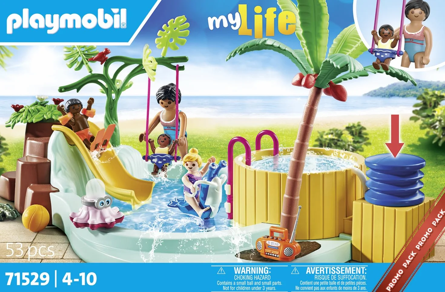 PLAYMOBIL myLife Promo Pack 71529 Piscina Infantil con Jacuzzi, Tobogán de Olas, Balancín y Columpio, Juguetes para niños a Partir de 4 años