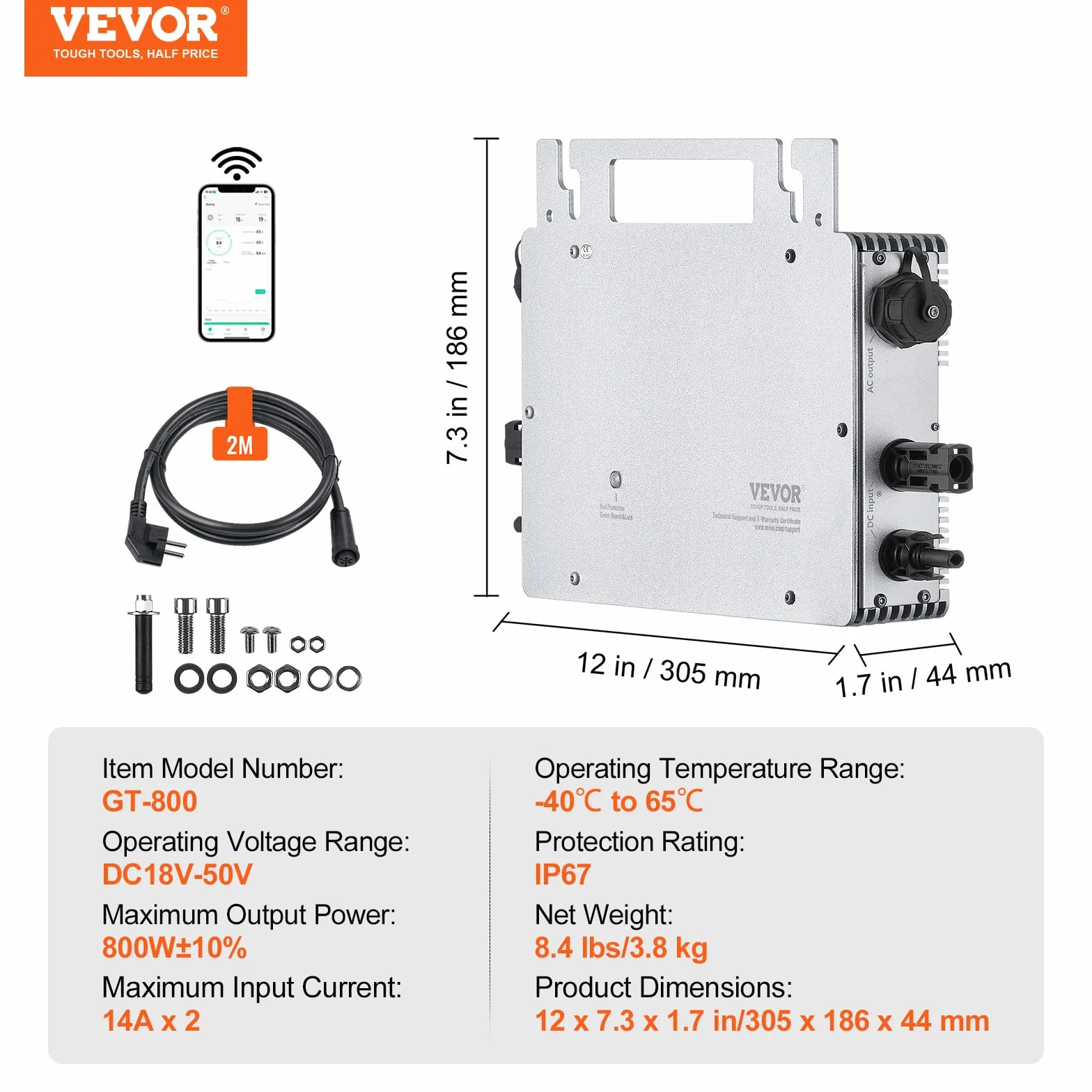 VEVOR Micro inversor Solar Conexión a Red 800W Microinversor Solar IP67 Aleación de Aluminio Impermeable Voltaje CC 18-50V con Antena WiFi App Cable de alimentación para Sistemas de Paneles solares
