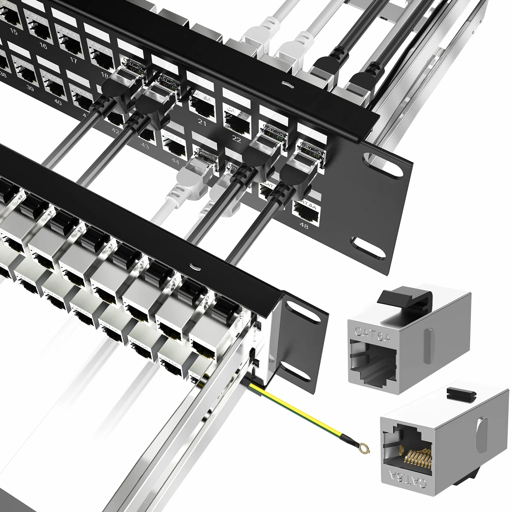 Jadaol Panel de conexión blindado de 48 puertos o montaje en pared de 19 pulgadas, panel de red Cat6A de 2U precargado con 48 acopladores Keystone más 2 paneles Ethernet de repuesto de 10 Gbps con