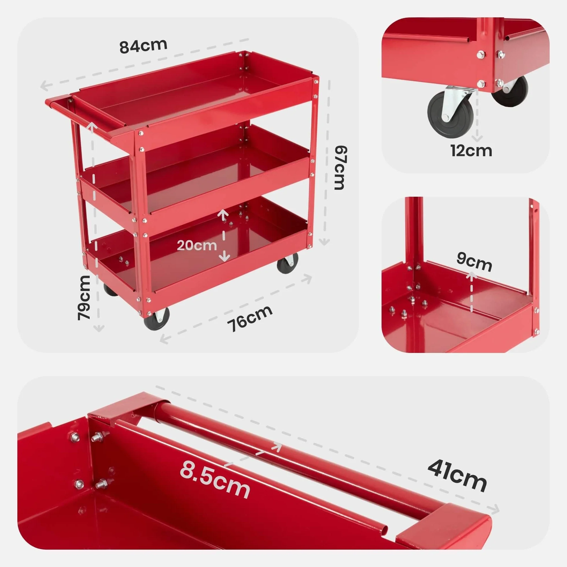 Arebos Juego de 2 Carros de Taller con 3 Estantes | Estructura de Acero Robusta | Capacidad hasta 120 kg | Carro Móvil para Taller, Garaje y Bricolaje